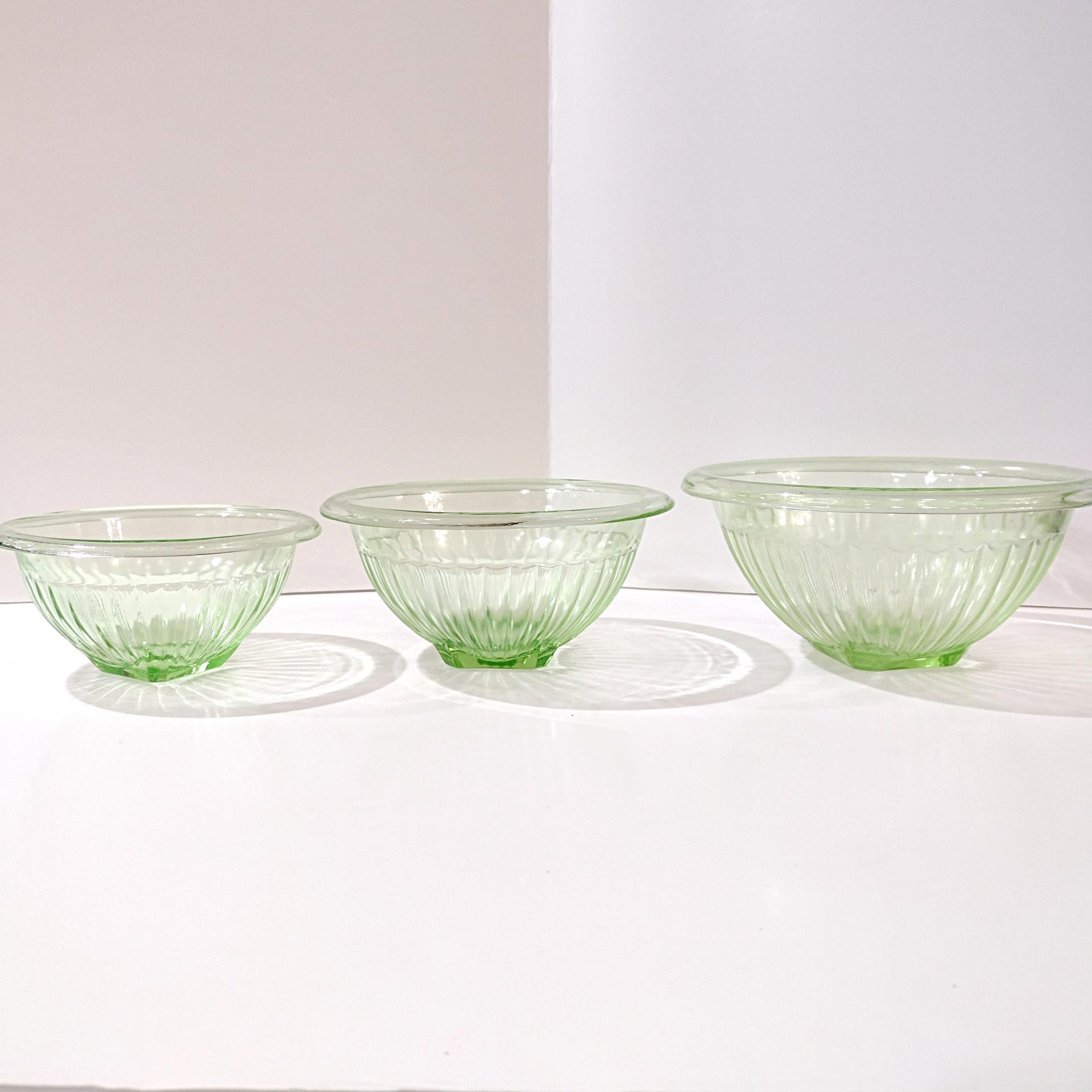 Vintage Uranium Glass Mixing Bowl Set of Three, Bartlett Collins BTC Ribbed Panel Green Depression Glass Bowls