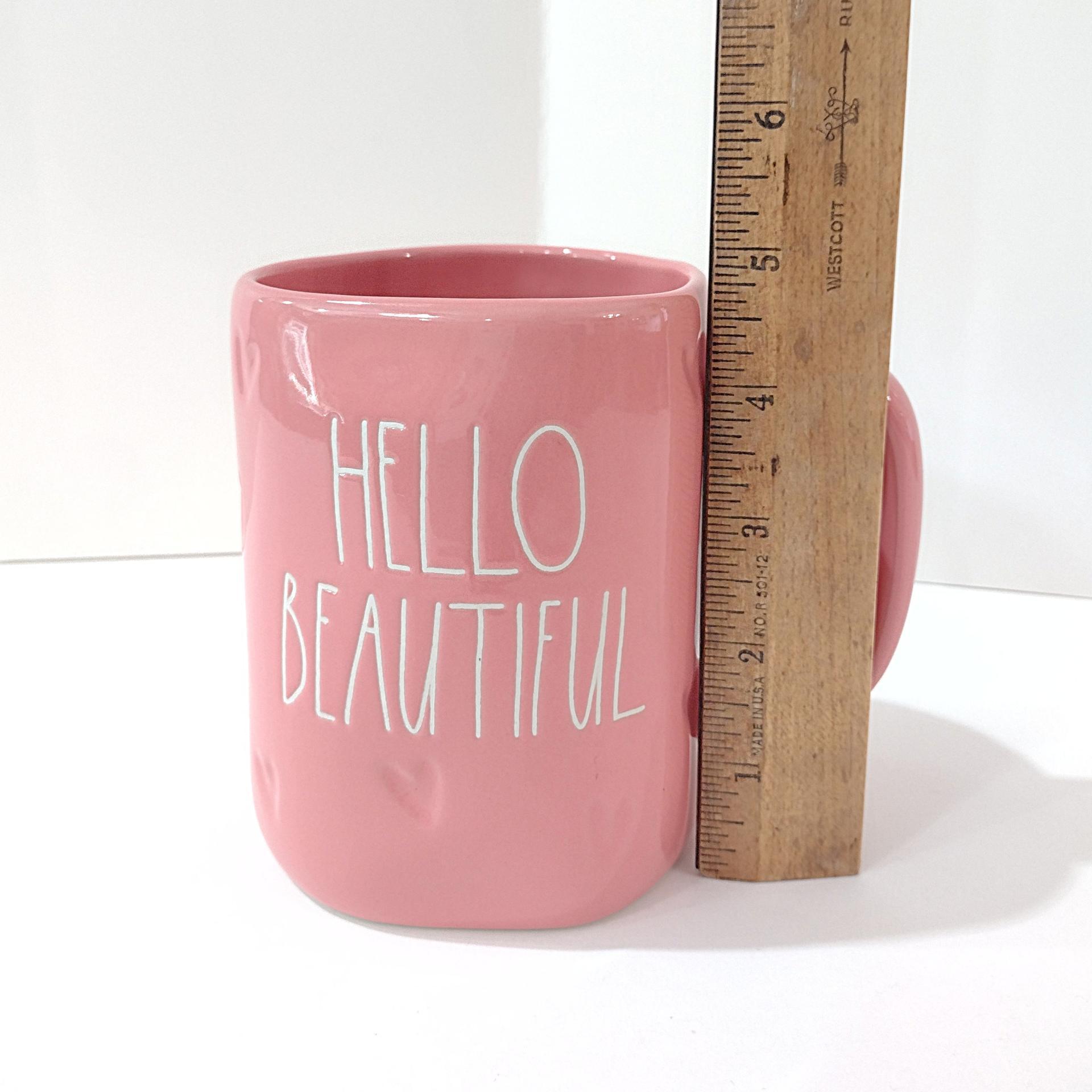 Vintage Pink Hello Beautiful Rae Dunn Ceramic Mug, Large Oversized Mug, Girlfriend Love Gift