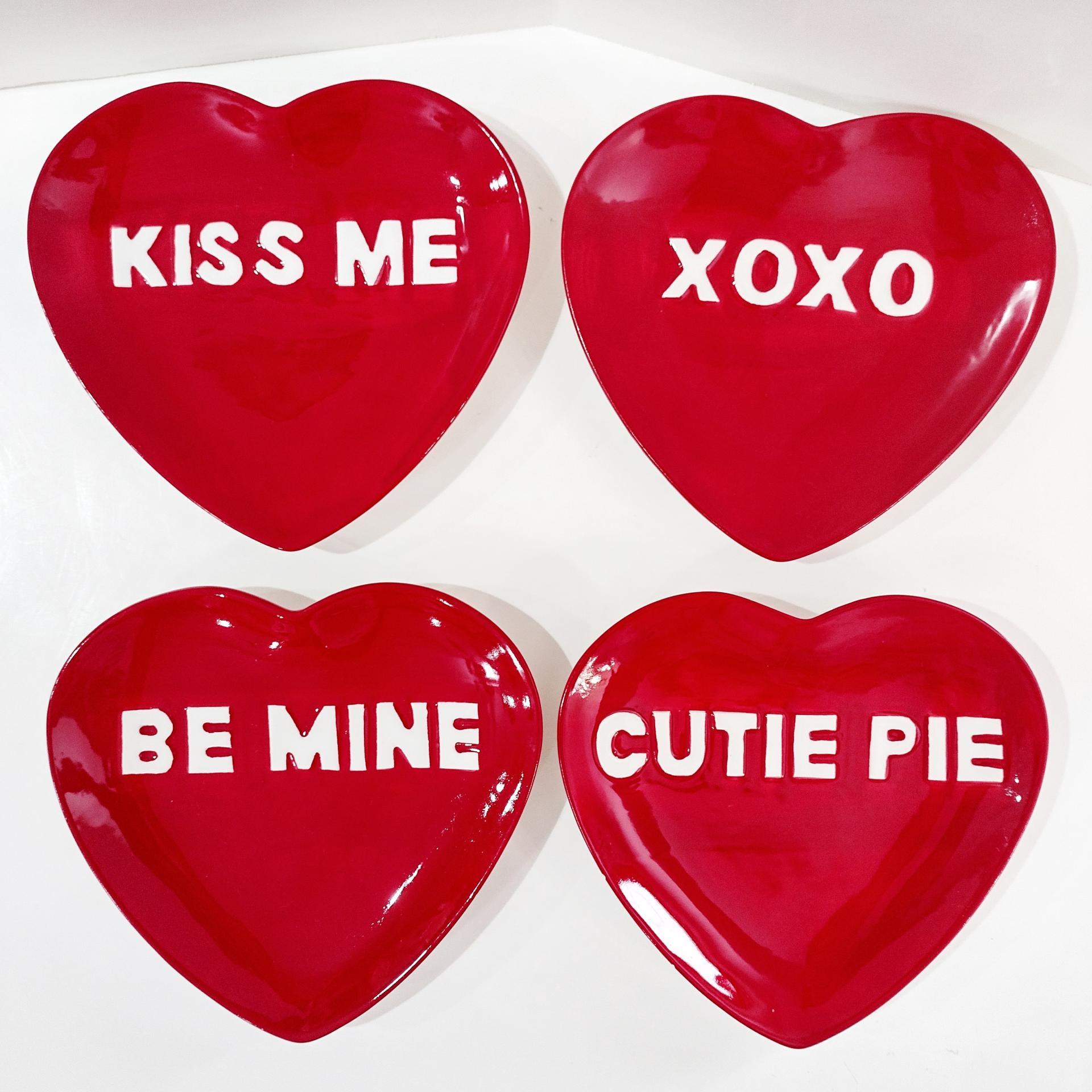 Vintage Red Heart Valentines Day Gift Appetizer Plates, Set of Four, Conversation Heart Plates