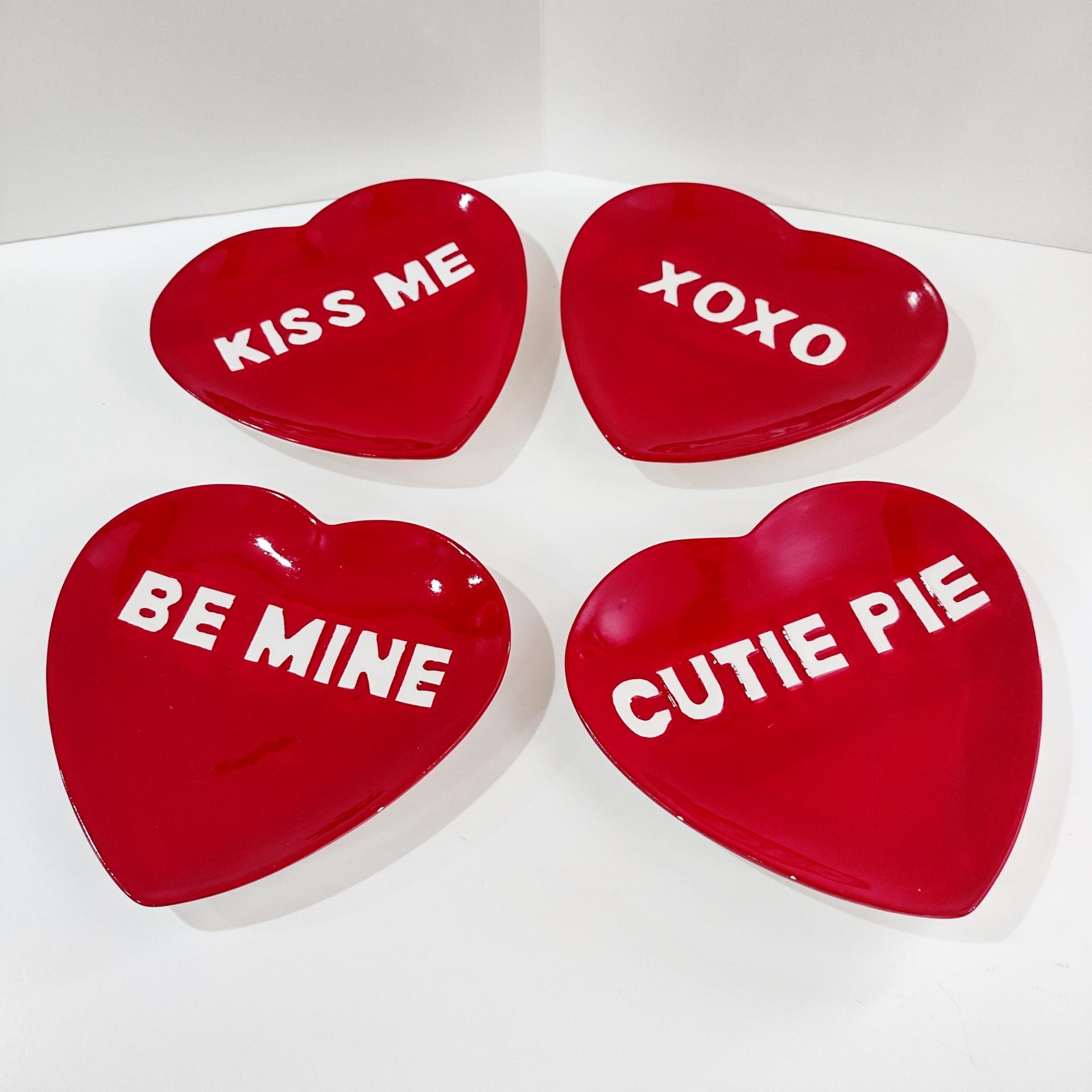Vintage Red Heart Valentines Day Gift Appetizer Plates, Set of Four, Conversation Heart Plates