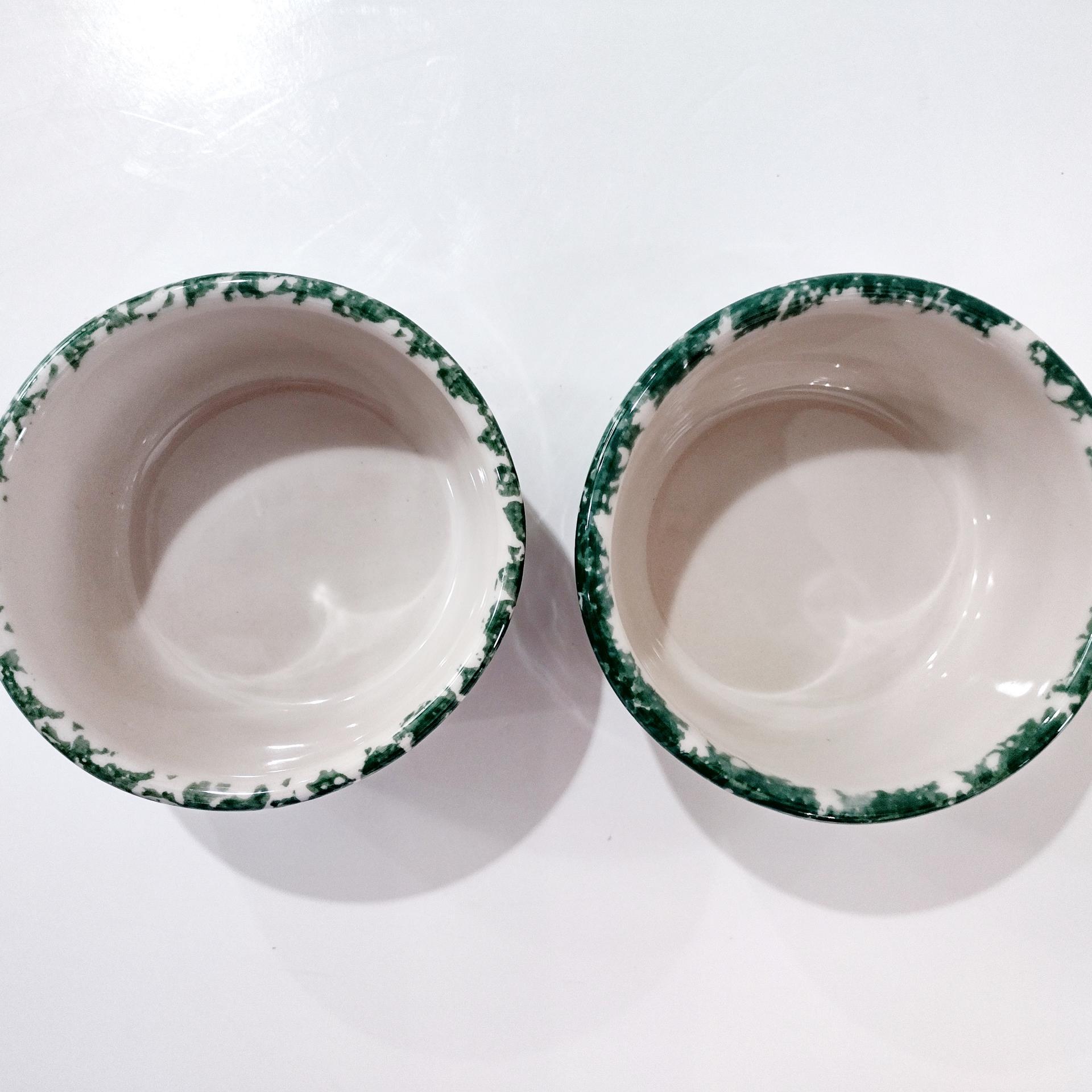 Vintage Green Spongeware 5 Inch Bowls, Set of Two, Ceramic Butter Tub, Workshops of Gerald E Henn Pottery, Roseville Spongeware Pottery