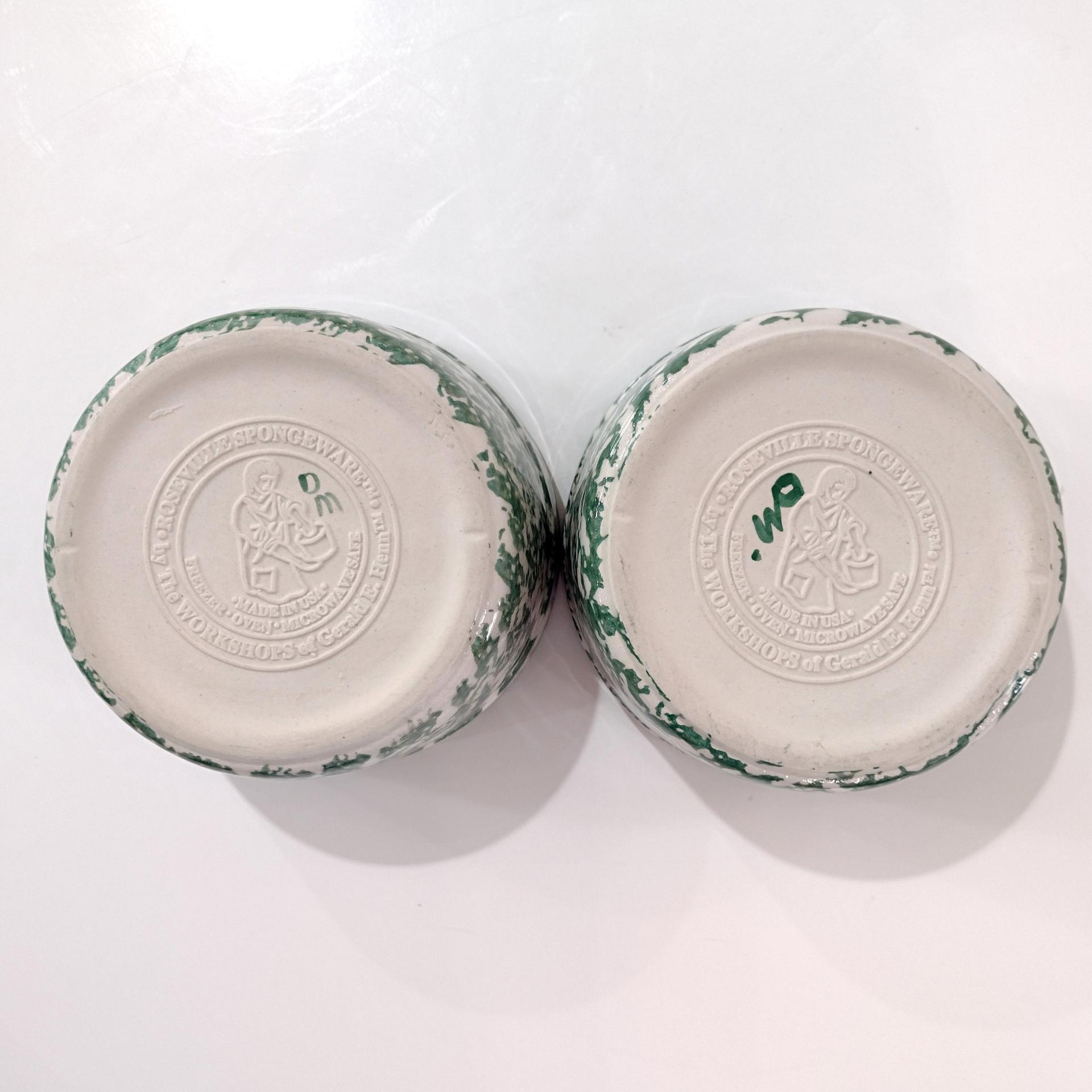 Vintage Green Spongeware 5 Inch Bowls, Set of Two, Ceramic Butter Tub, Workshops of Gerald E Henn Pottery, Roseville Spongeware Pottery