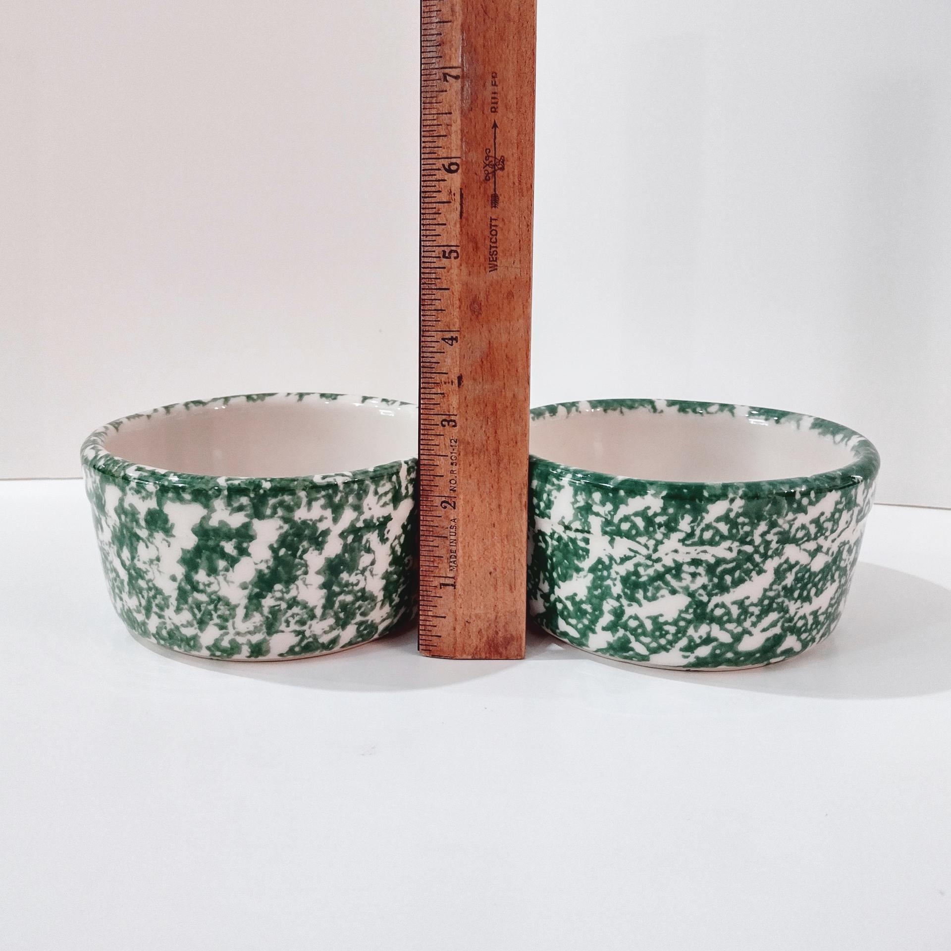Vintage Green Spongeware 5 Inch Bowls, Set of Two, Ceramic Butter Tub, Workshops of Gerald E Henn Pottery, Roseville Spongeware Pottery