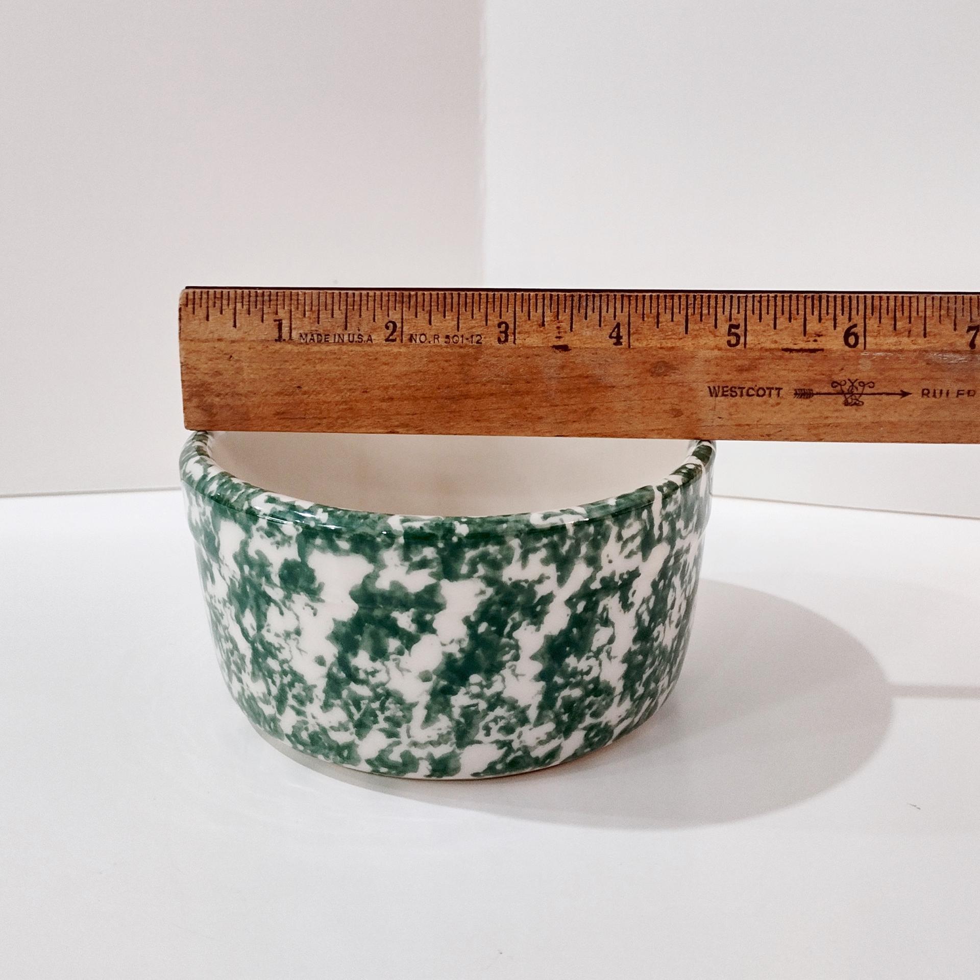 Vintage Green Spongeware 5 Inch Bowls, Set of Two, Ceramic Butter Tub, Workshops of Gerald E Henn Pottery, Roseville Spongeware Pottery
