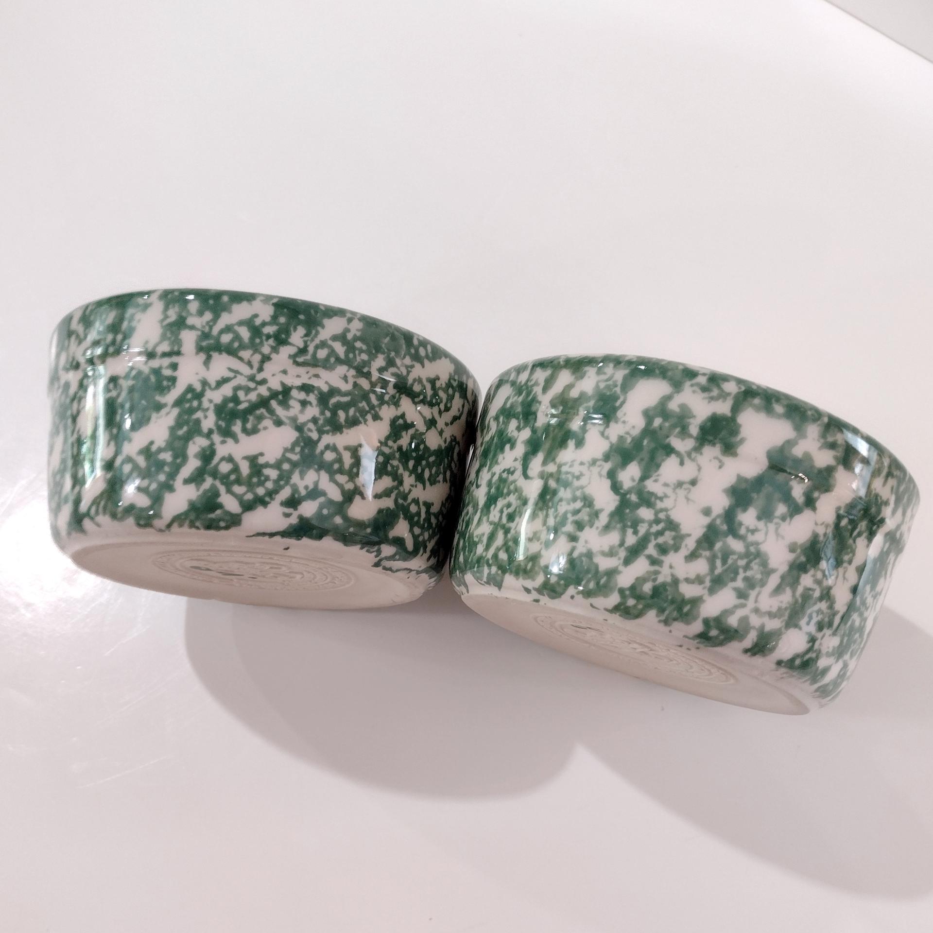 Vintage Green Spongeware 5 Inch Bowls, Set of Two, Ceramic Butter Tub, Workshops of Gerald E Henn Pottery, Roseville Spongeware Pottery
