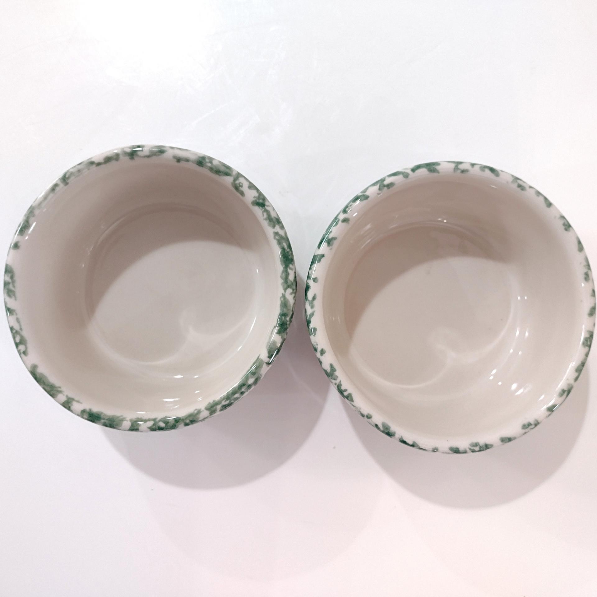 Vintage Green Spongeware 5 Inch Bowls, Set of Two, Ceramic Butter Tub, Workshops of Gerald E Henn Pottery, Roseville Spongeware Pottery