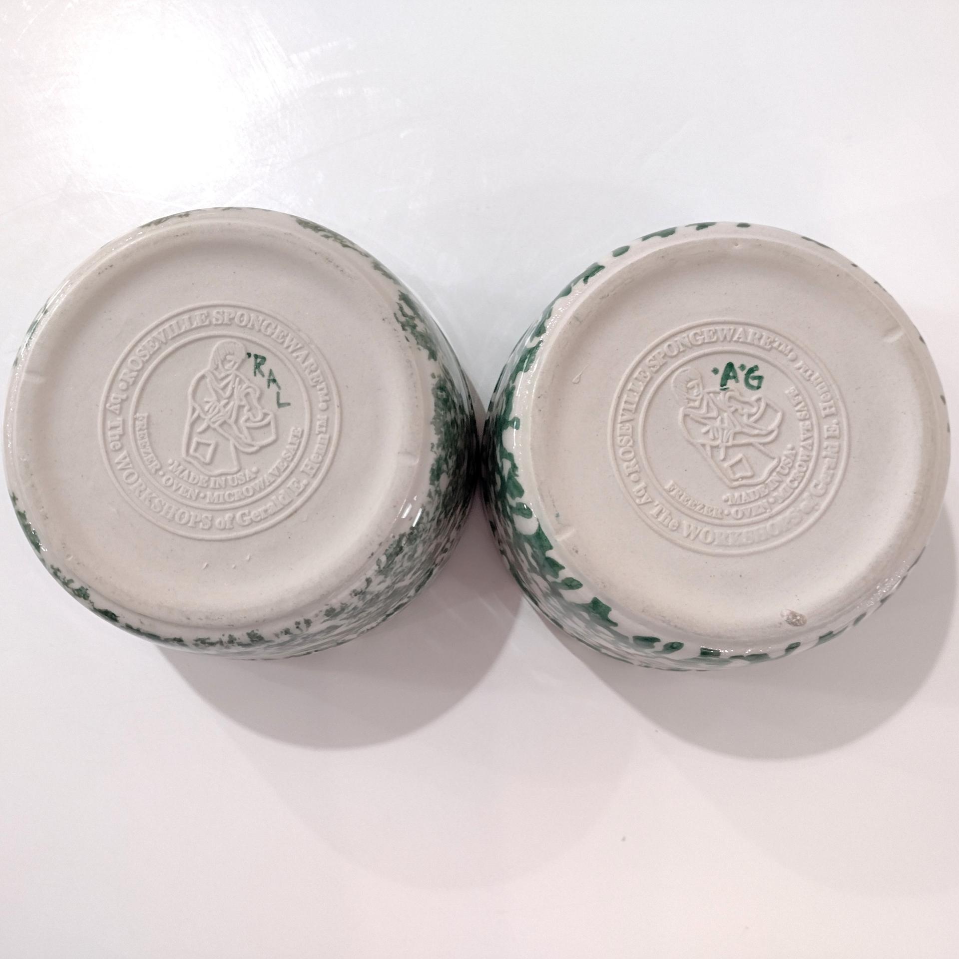 Vintage Green Spongeware 5 Inch Bowls, Set of Two, Ceramic Butter Tub, Workshops of Gerald E Henn Pottery, Roseville Spongeware Pottery
