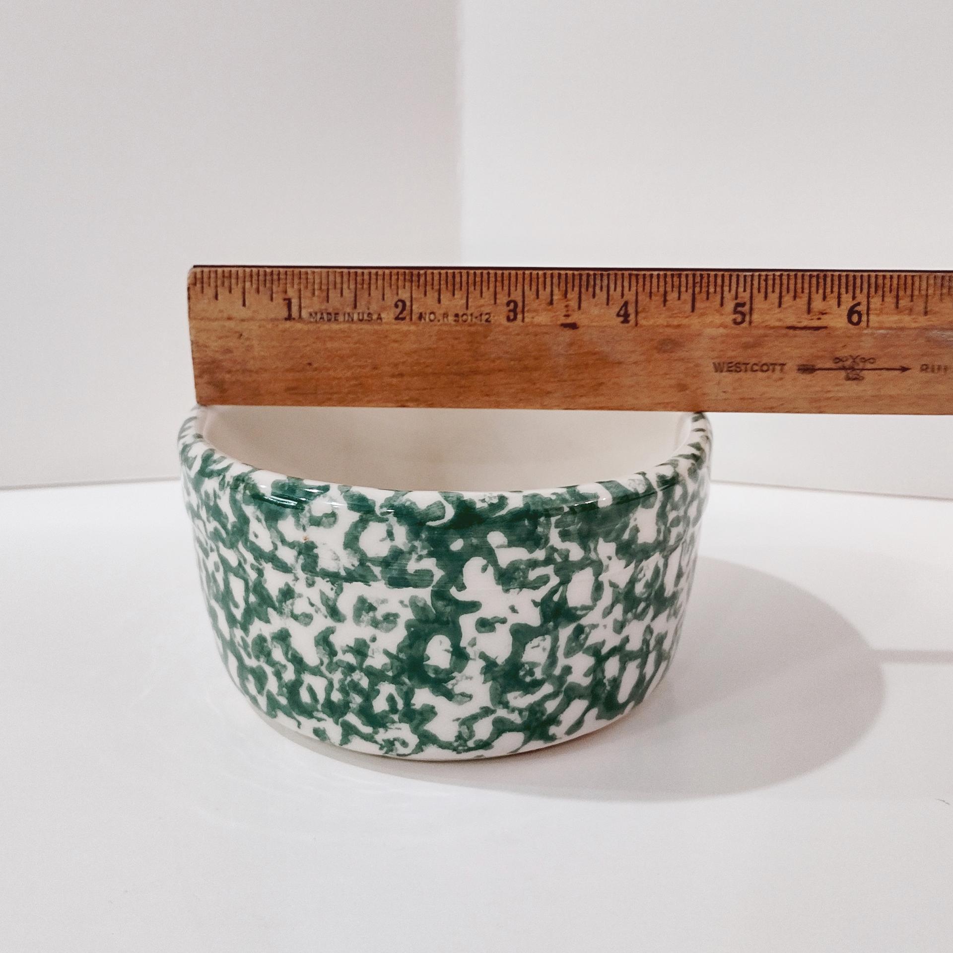 Vintage Green Spongeware 5 Inch Bowls, Set of Two, Ceramic Butter Tub, Workshops of Gerald E Henn Pottery, Roseville Spongeware Pottery