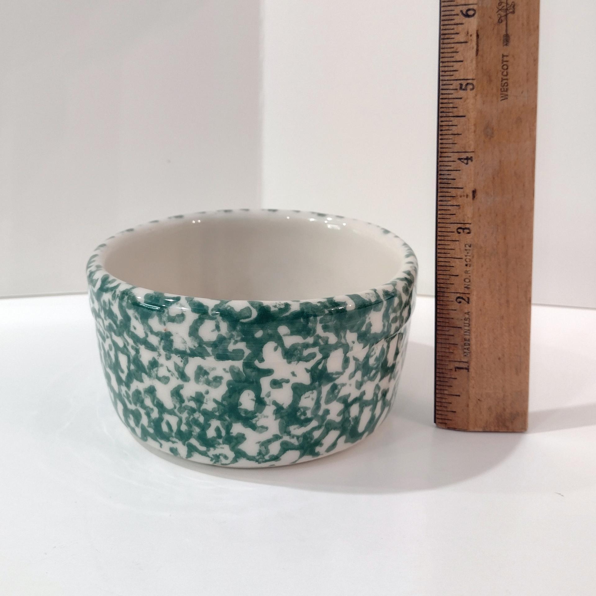Vintage Green Spongeware 5 Inch Bowls, Set of Two, Ceramic Butter Tub, Workshops of Gerald E Henn Pottery, Roseville Spongeware Pottery