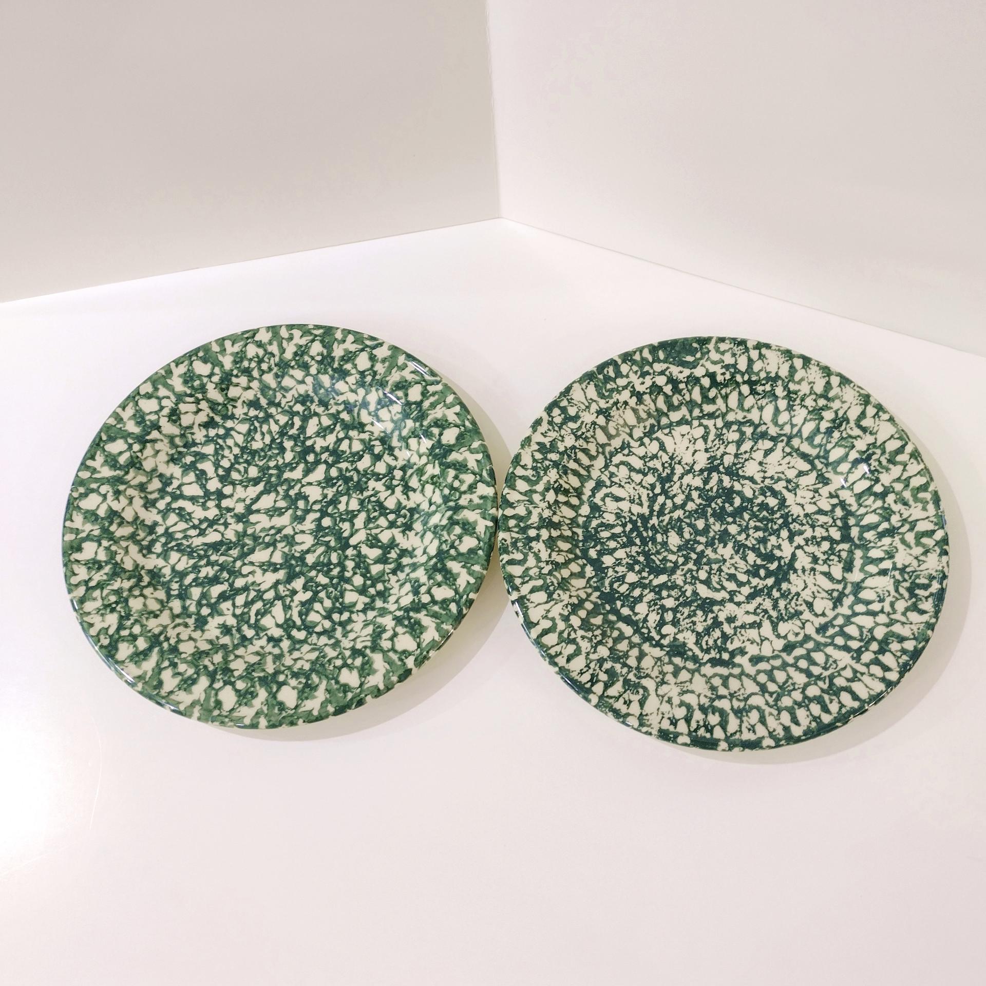 Vintage Green Spongeware Ceramic Dinner Plates, Set of Two, Workshops of Gerald E Henn Pottery
