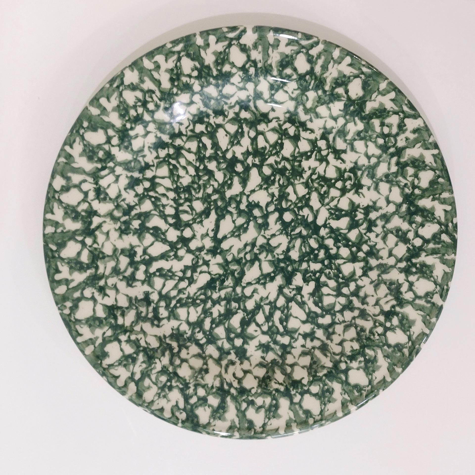 Vintage Green Spongeware Ceramic Dinner Plates, Set of Two, Workshops of Gerald E Henn Pottery