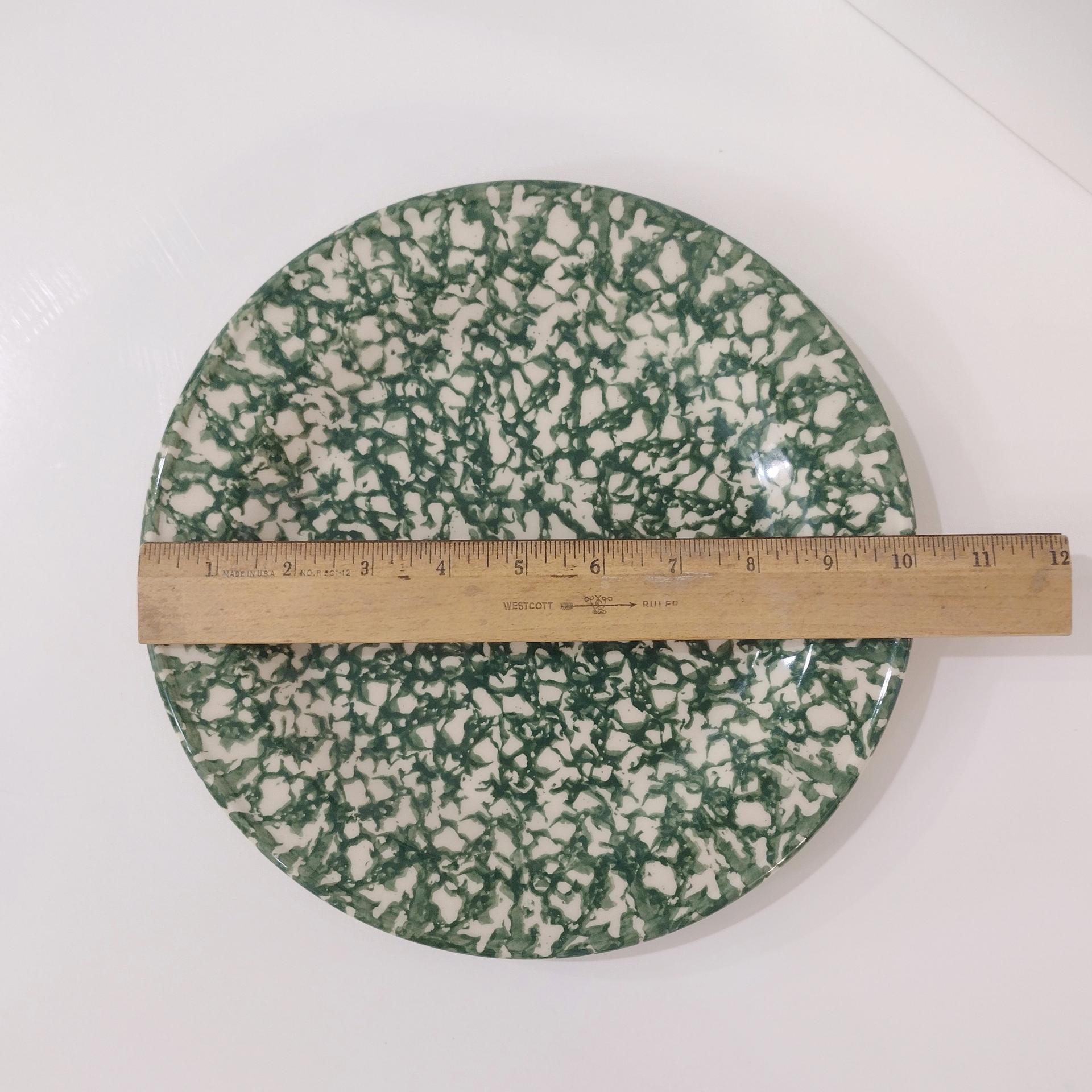 Vintage Green Spongeware Ceramic Dinner Plates, Set of Two, Workshops of Gerald E Henn Pottery
