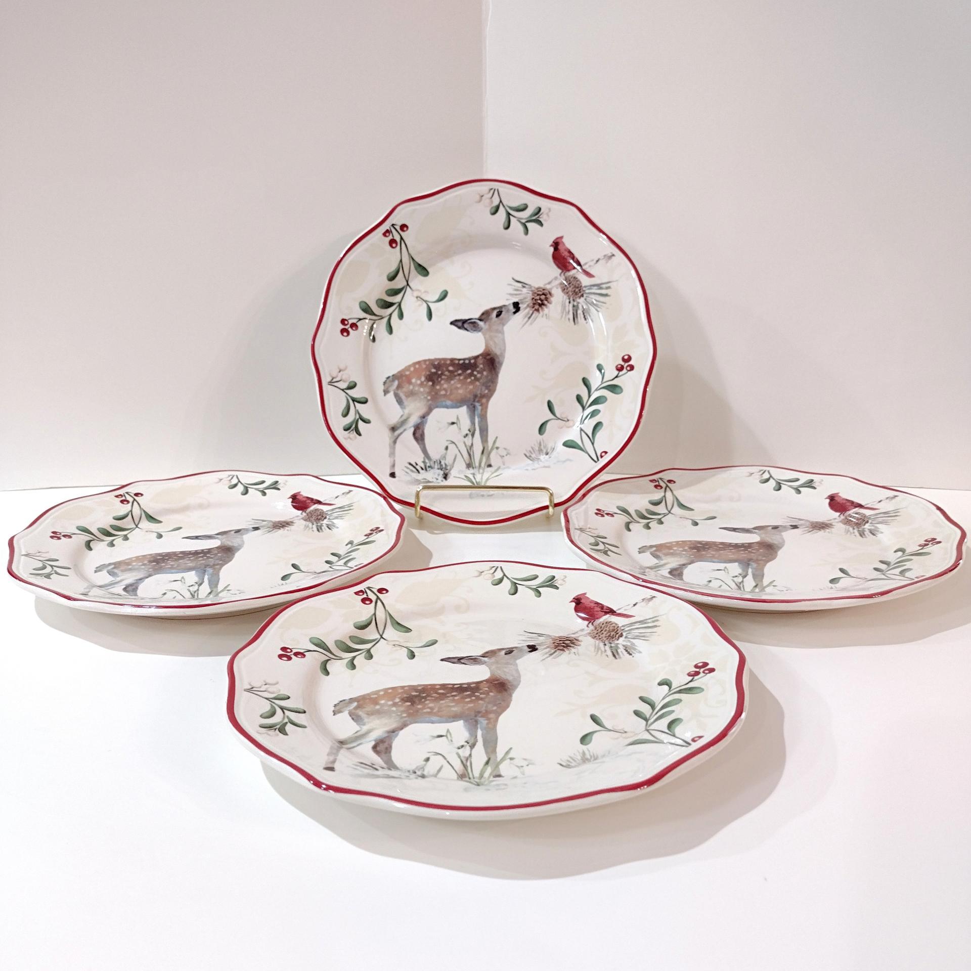 Vintage Better Homes and Gardens Winter Forest Salad Plates, Set of 4, Heritage Collection Luncheon Plates, Deer Cardinal and Holly Berries Plates