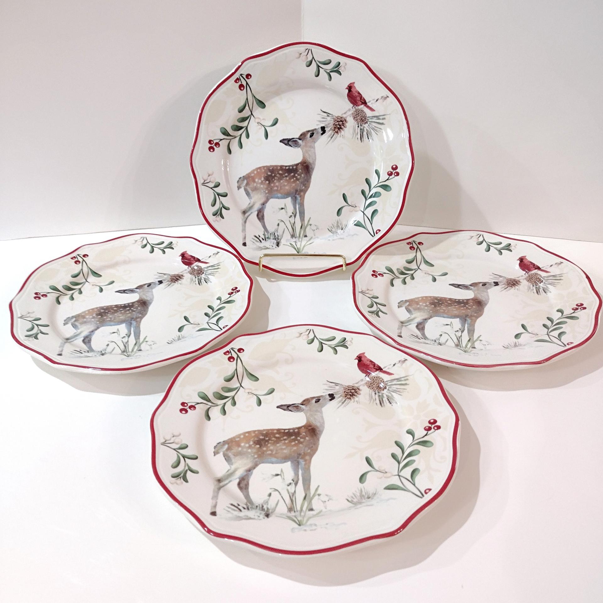 Vintage Better Homes and Gardens Winter Forest Salad Plates, Set of 4, Heritage Collection Luncheon Plates, Deer Cardinal and Holly Berries Plates