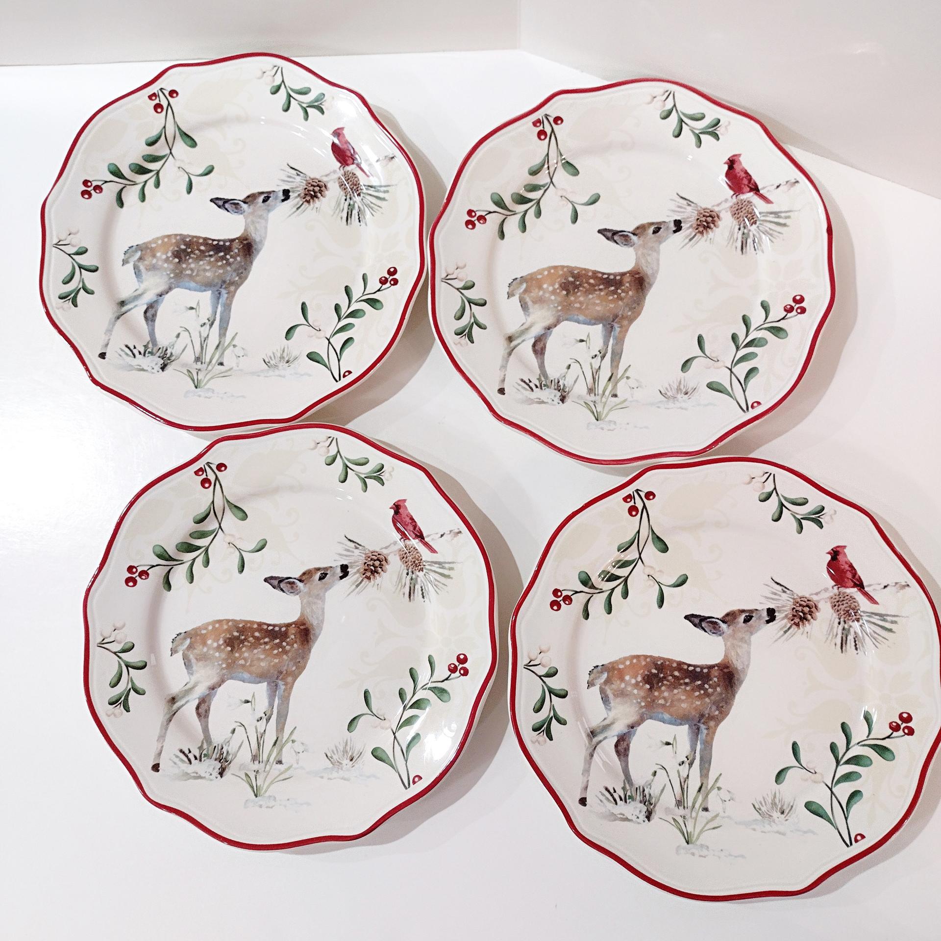 Vintage Better Homes and Gardens Winter Forest Salad Plates, Set of 4, Heritage Collection Luncheon Plates, Deer Cardinal and Holly Berries Plates
