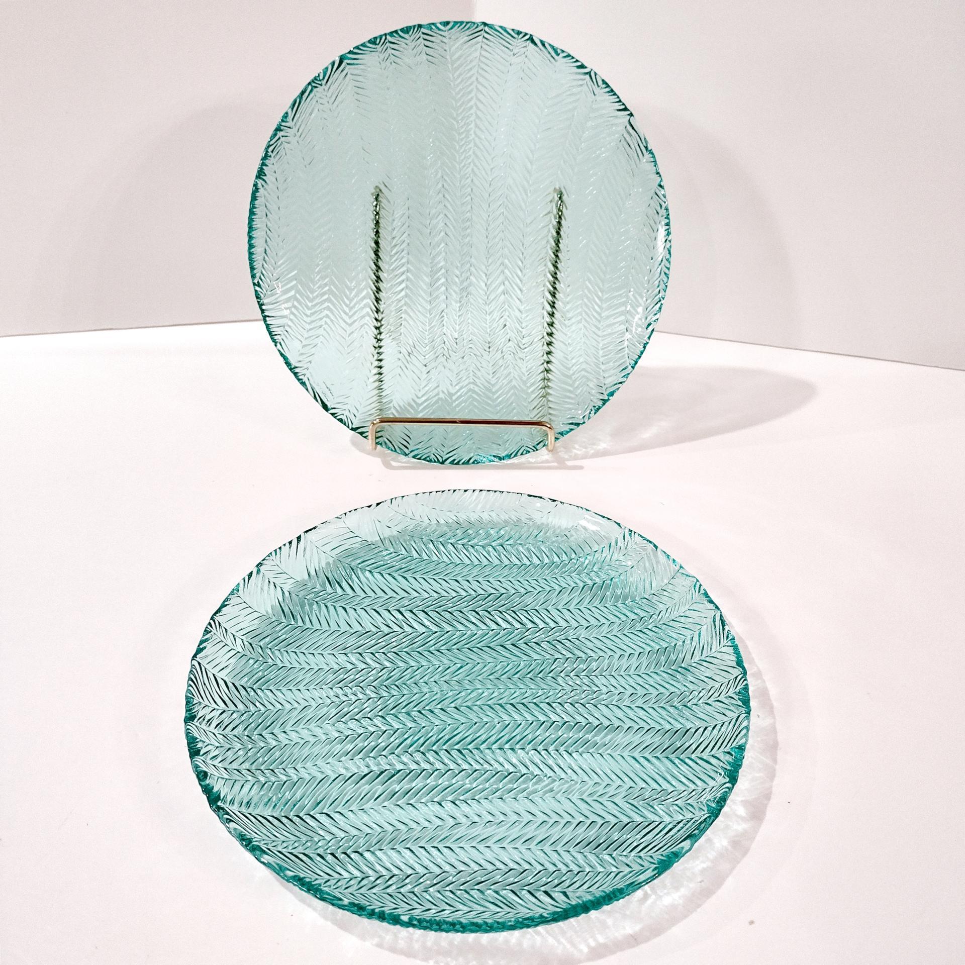 Vintage Arcoroc Turquoise Herringbone 7.5 Inch Blue Glass Salad Dessert Appetizer Plates, Set of Two, Multiple Sets Available