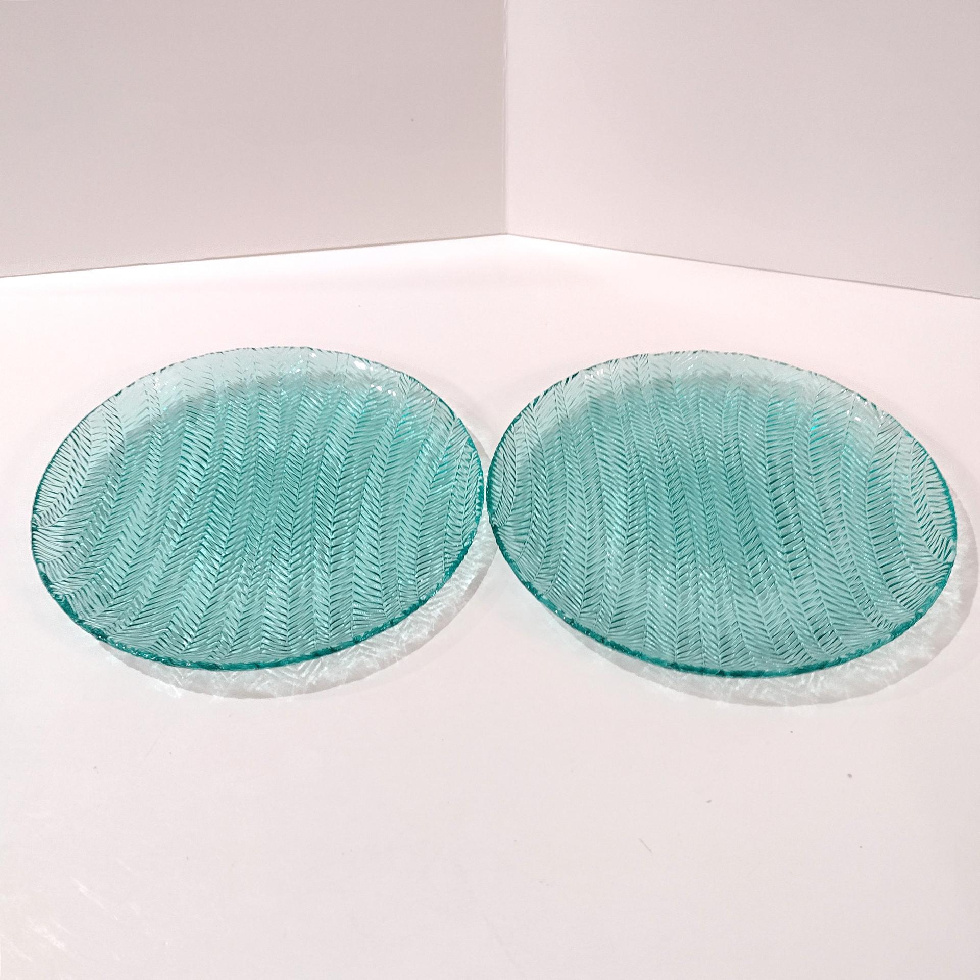 Vintage Arcoroc Turquoise Herringbone 7.5 Inch Blue Glass Salad Dessert Appetizer Plates, Set of Two, Multiple Sets Available
