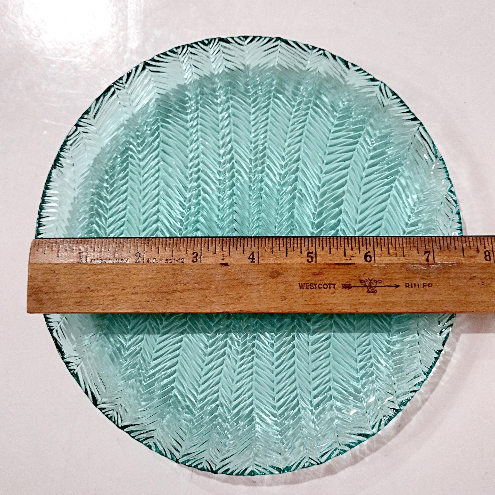 Vintage Arcoroc Turquoise Herringbone 7.5 Inch Blue Glass Salad Dessert Appetizer Plates, Set of Two, Multiple Sets Available
