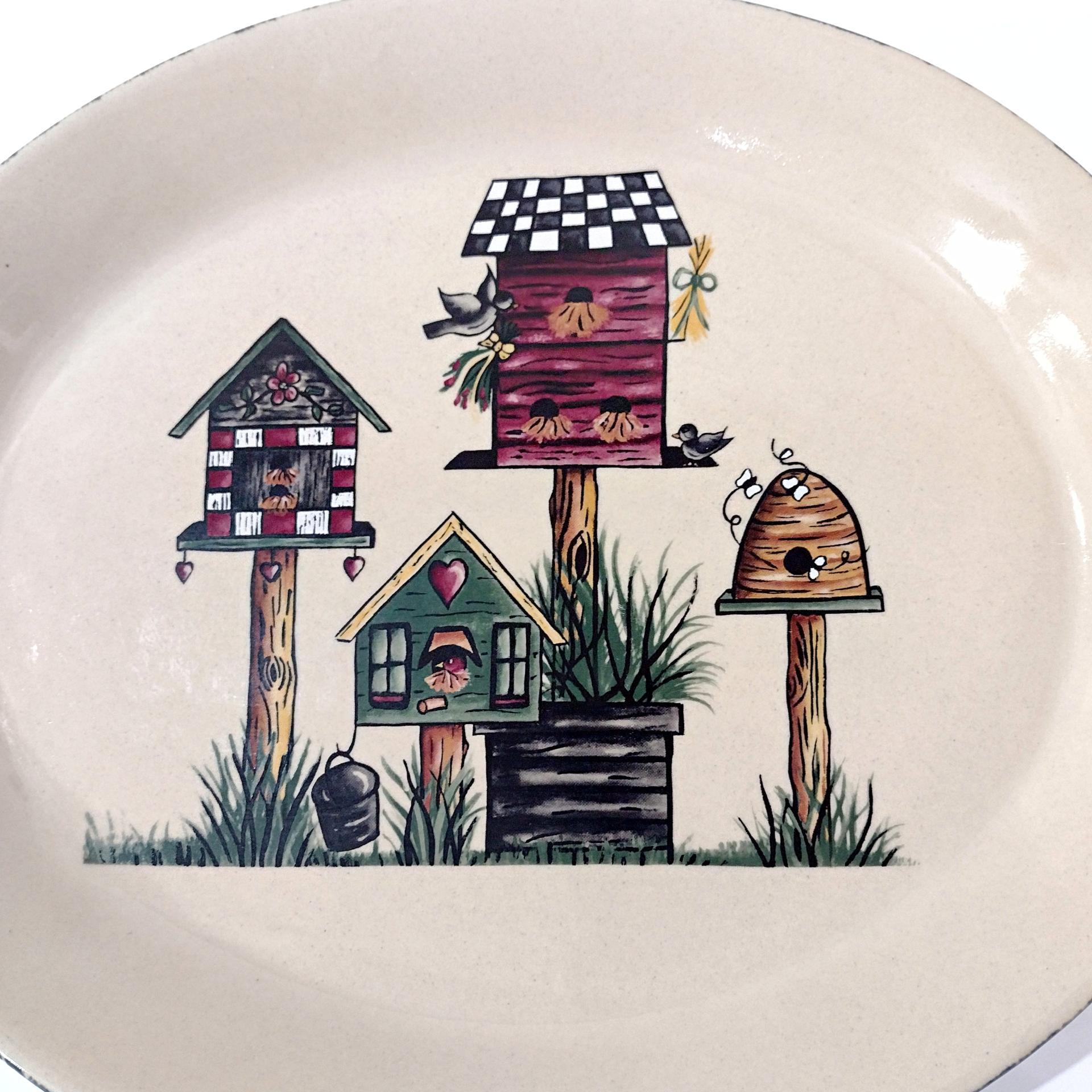 Vintage Home and Garden Party Birdhouse Series Large Oval Ceramic Serving Platter, Bird Lover Servingware