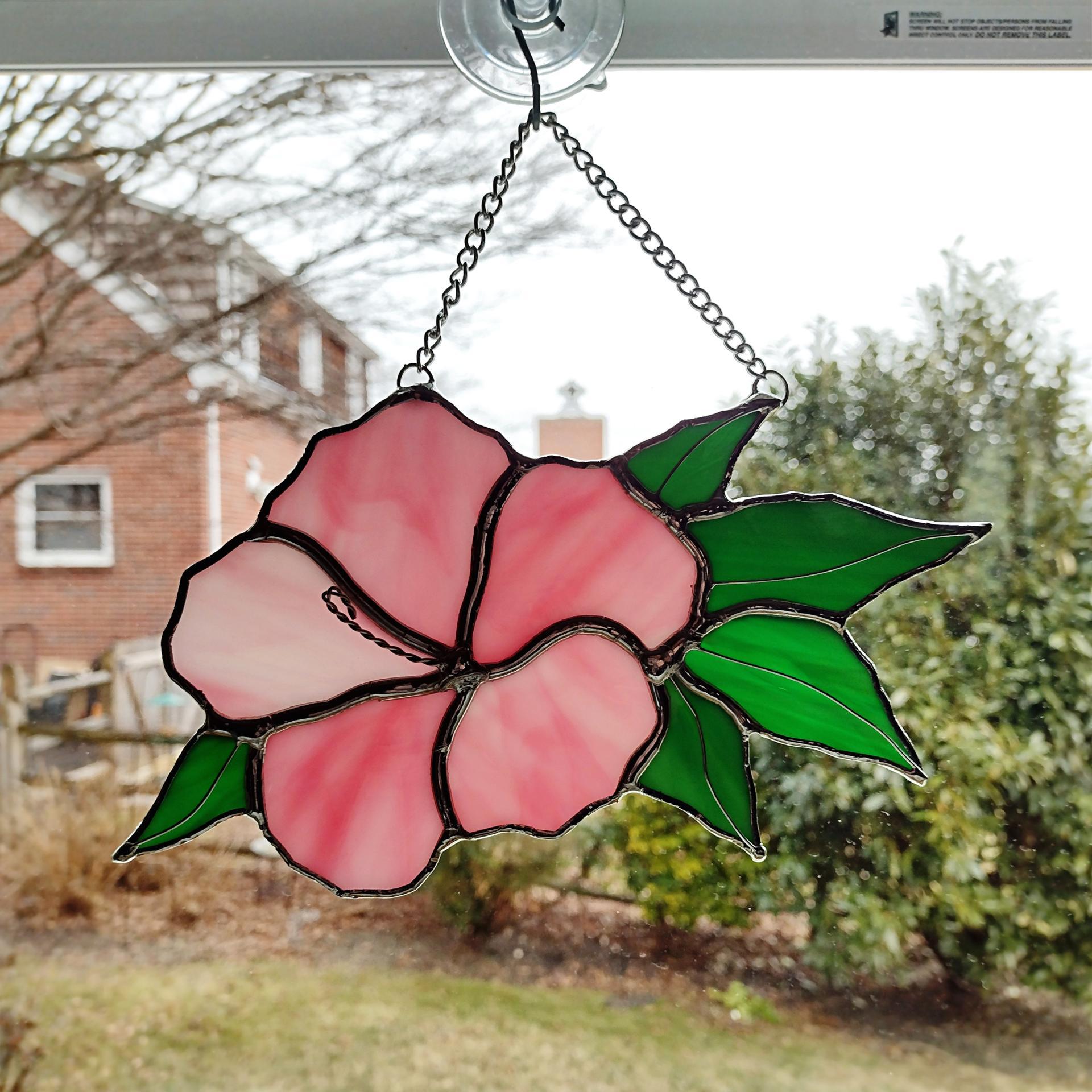 Pink Hibiscus Flower Stained Glass Suncatcher, Custom Colors Available