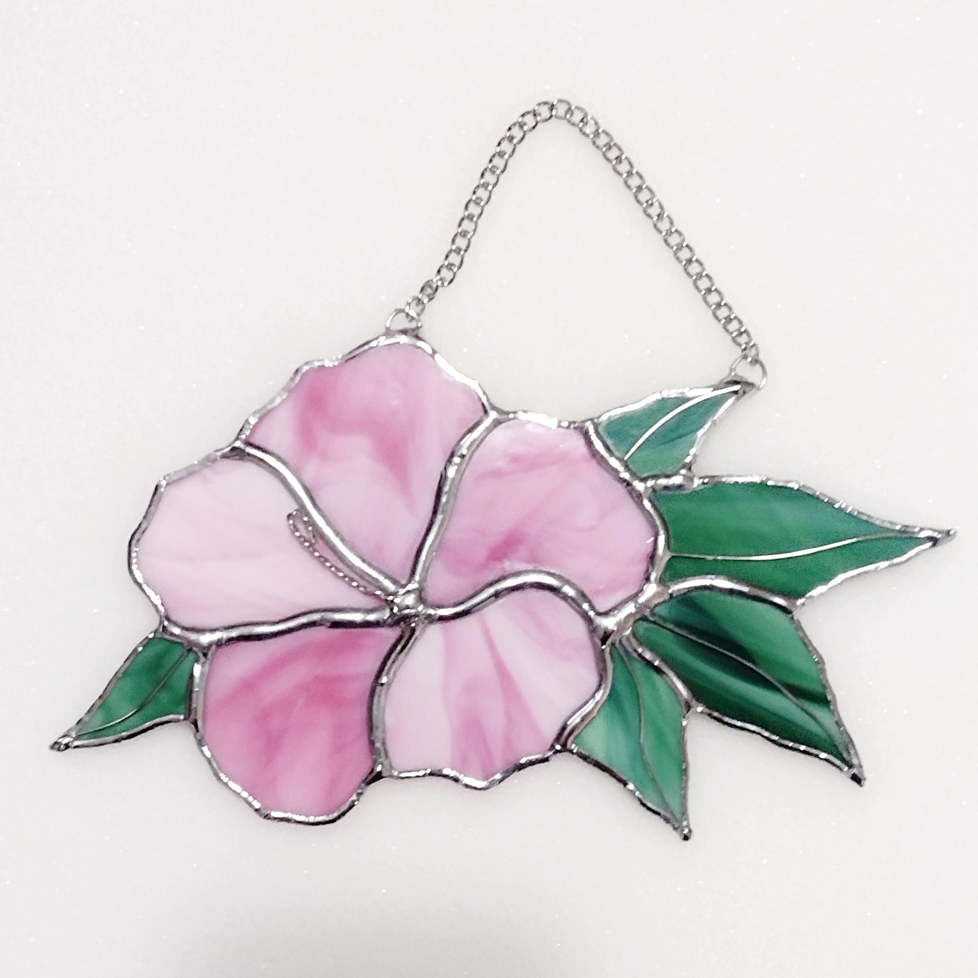 Pink Hibiscus Flower Stained Glass Suncatcher, Custom Colors Available