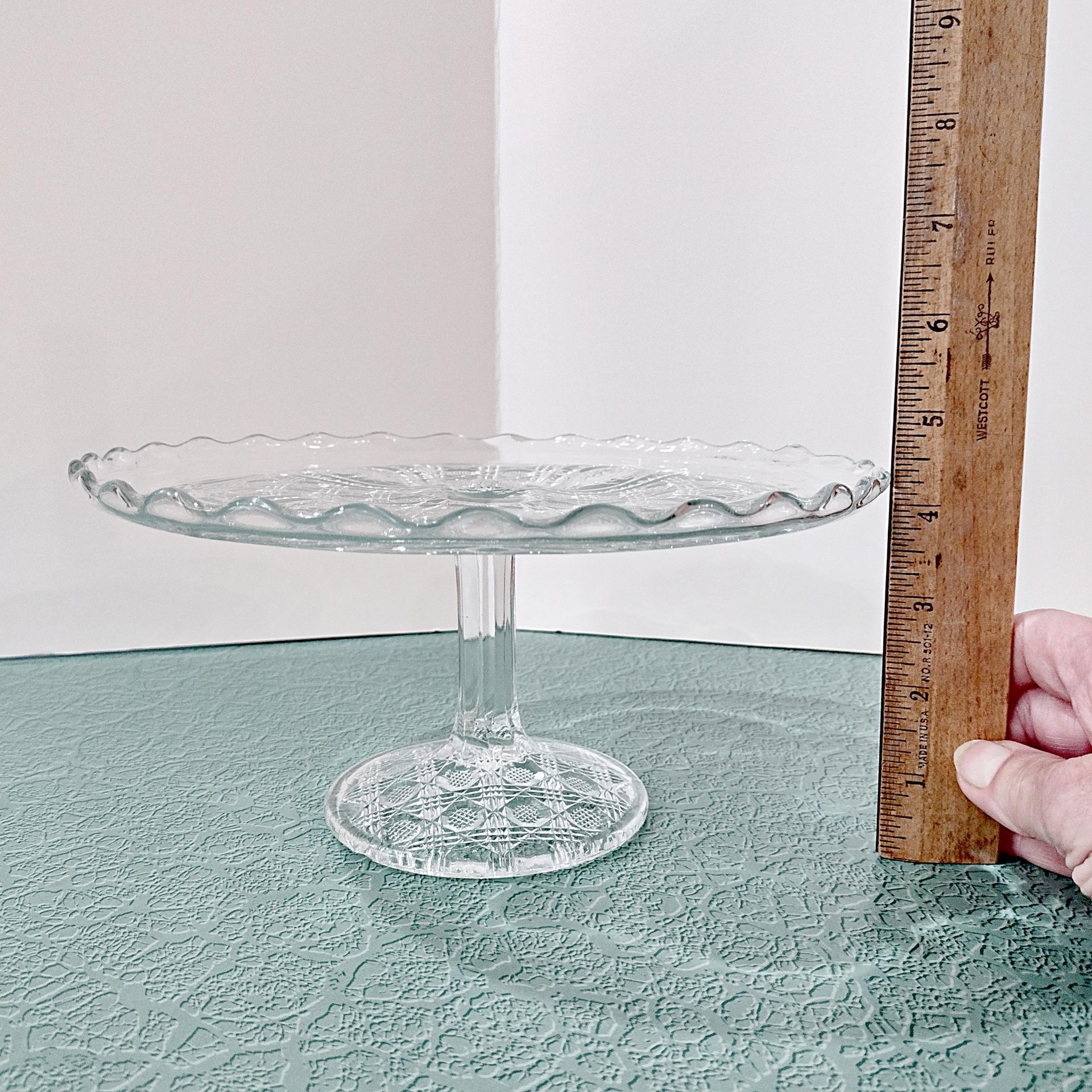 Antique John B Higbee Banner Clear Pressed Glass 9 Inch Pedestal Cake Stand with Scalloped Lip, Vintage EAPG Pastry Dessert Display Plate