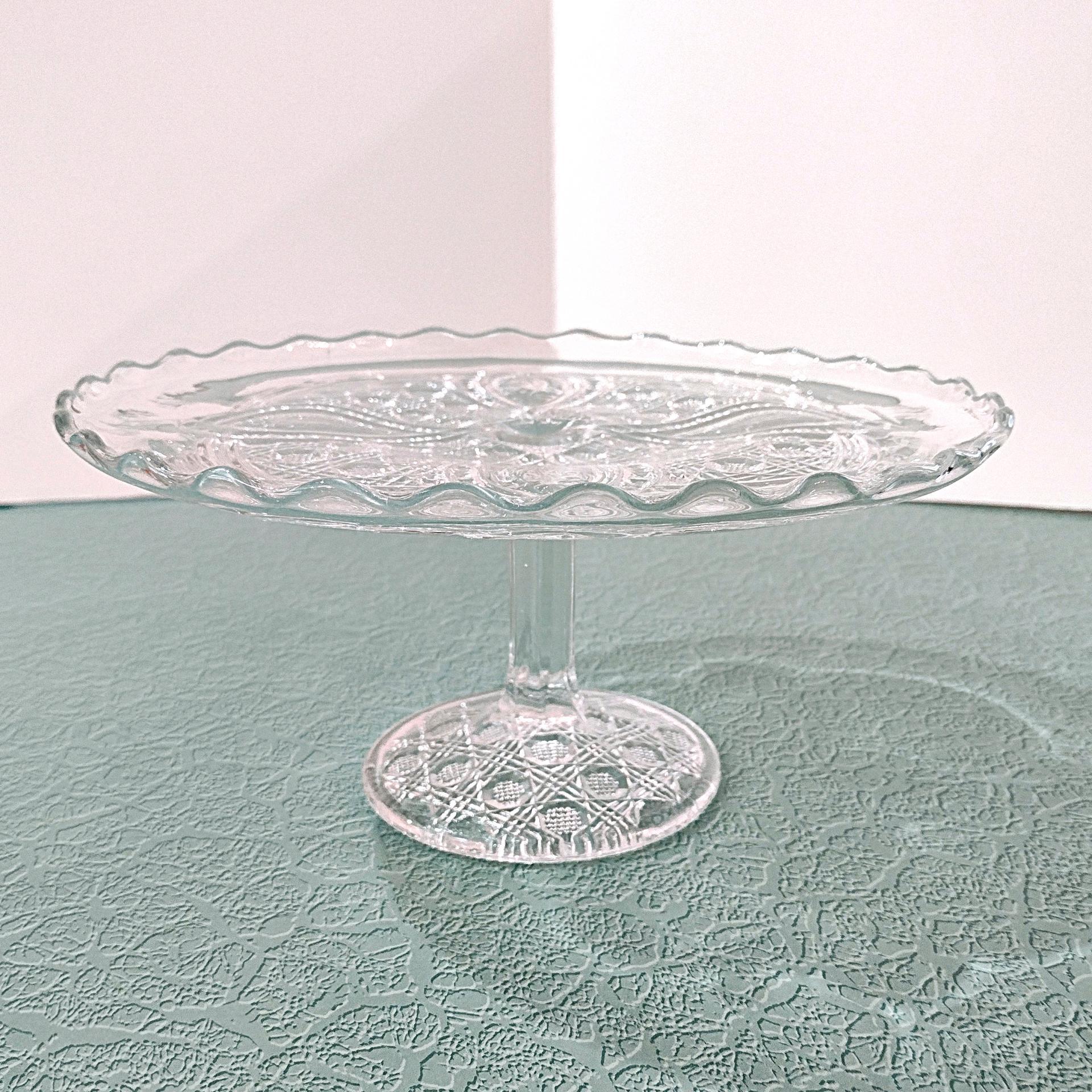 Antique John B Higbee Banner Clear Pressed Glass 9 Inch Pedestal Cake Stand with Scalloped Lip, Vintage EAPG Pastry Dessert Display Plate