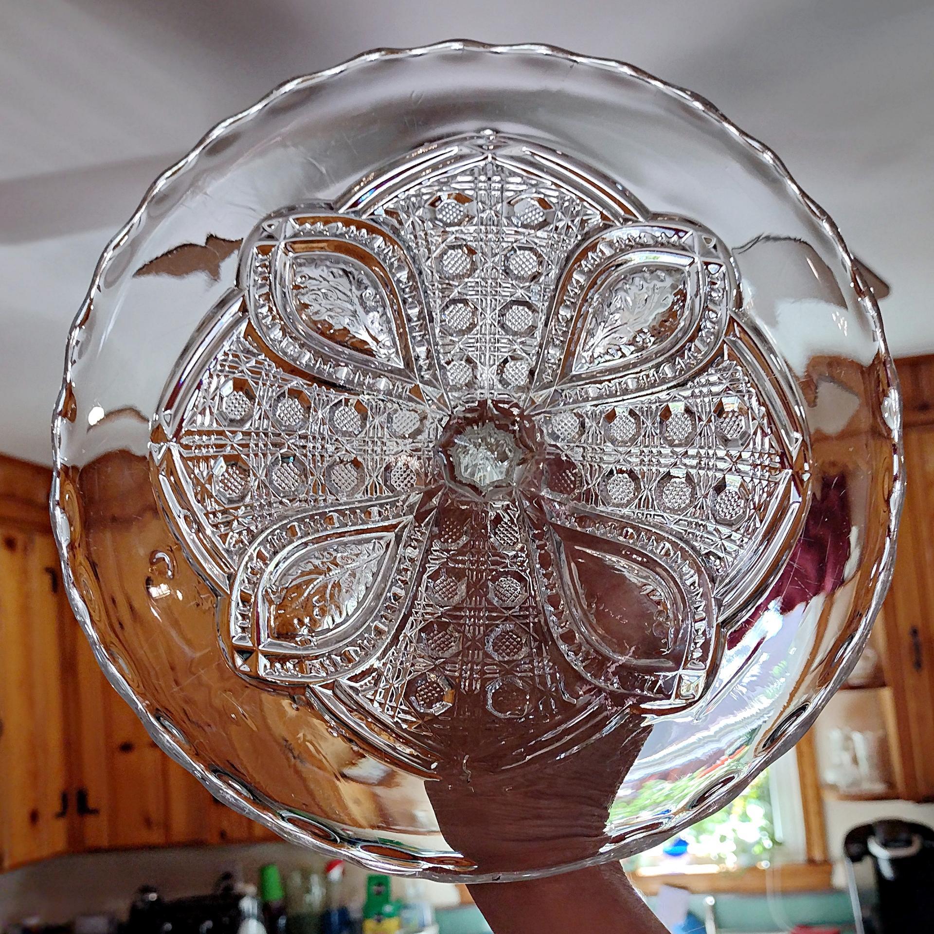 Antique John B Higbee Banner Clear Pressed Glass 9 Inch Pedestal Cake Stand with Scalloped Lip, Vintage EAPG Pastry Dessert Display Plate
