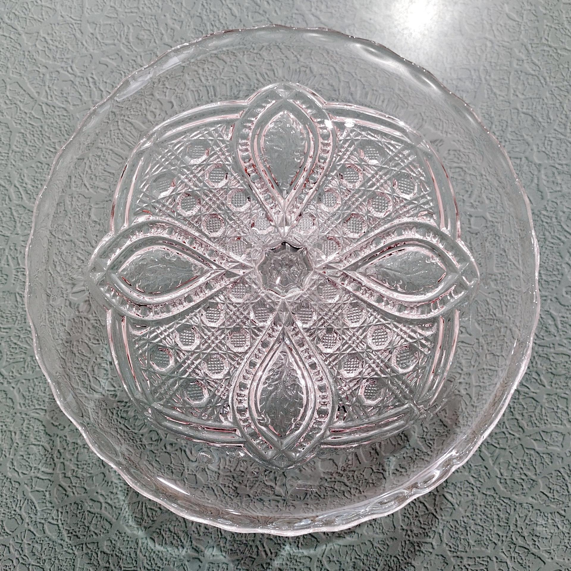 Antique John B Higbee Banner Clear Pressed Glass 9 Inch Pedestal Cake Stand with Scalloped Lip, Vintage EAPG Pastry Dessert Display Plate