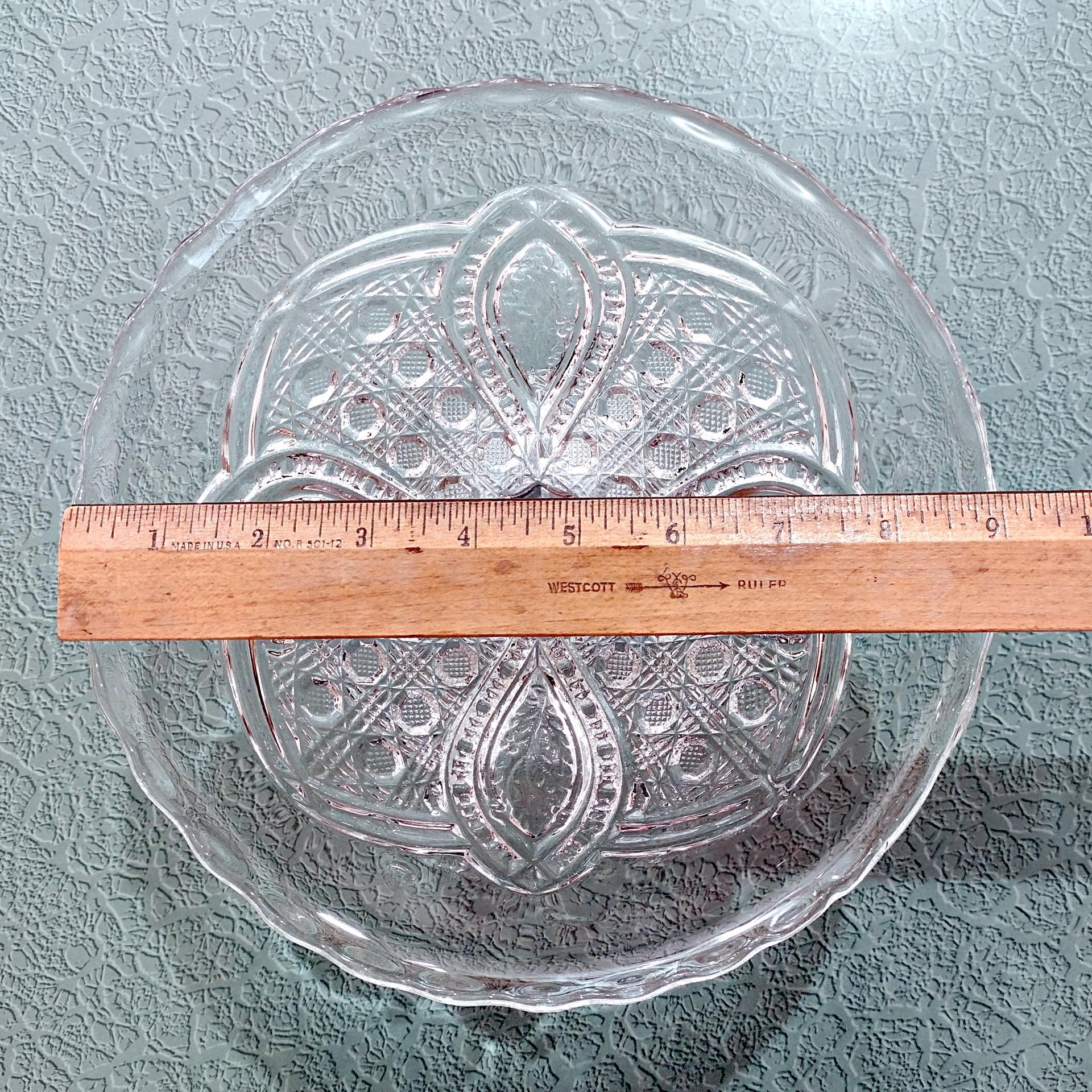 Antique John B Higbee Banner Clear Pressed Glass 9 Inch Pedestal Cake Stand with Scalloped Lip, Vintage EAPG Pastry Dessert Display Plate