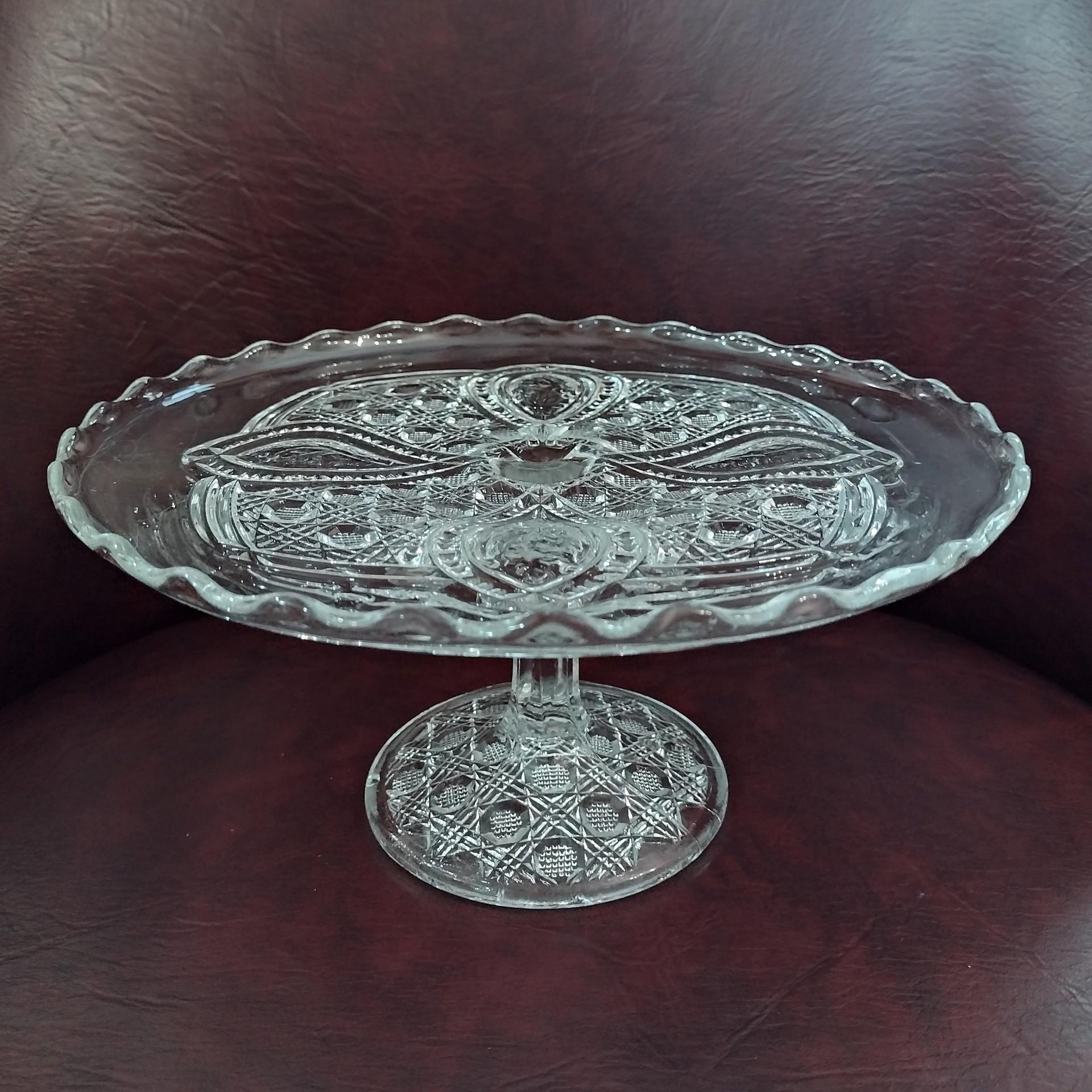 Antique John B Higbee Banner Clear Pressed Glass 9 Inch Pedestal Cake Stand with Scalloped Lip, Vintage EAPG Pastry Dessert Display Plate