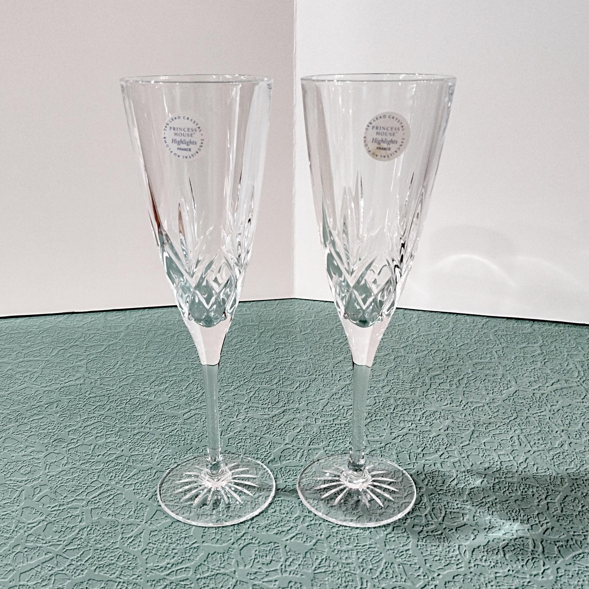 Vintage NEW Princess House Highlights Crystal Champagne Glasses, Set of Two, Cristal D'Arques France Fluted Champagne Glasses
