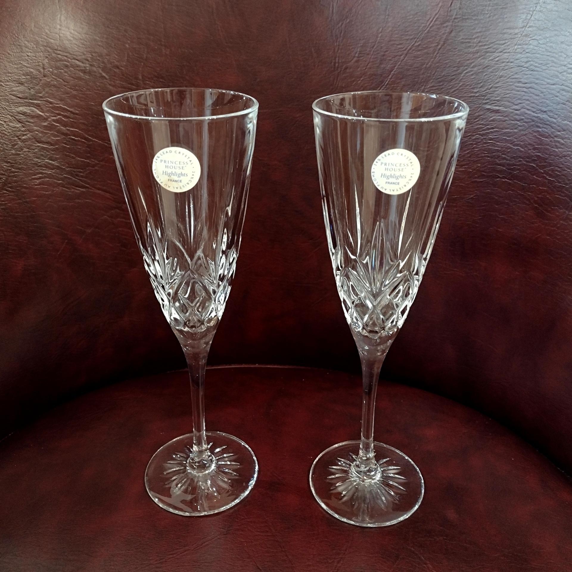 Vintage NEW Princess House Highlights Crystal Champagne Glasses, Set of Two, Cristal D'Arques France Fluted Champagne Glasses