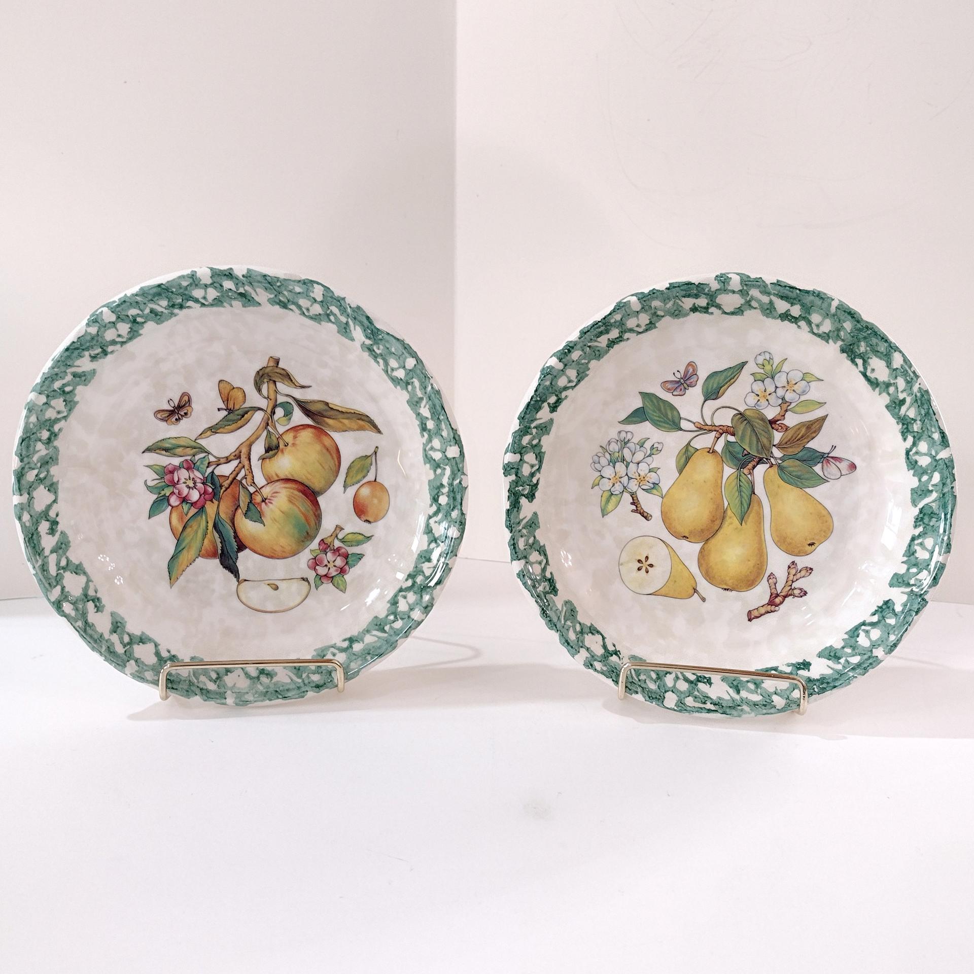 Vintage Italian Pasta Bowls with Apple and Pear Motif Design and Green Spongeware Accents, Coupe Soup Bowls, Set of Two