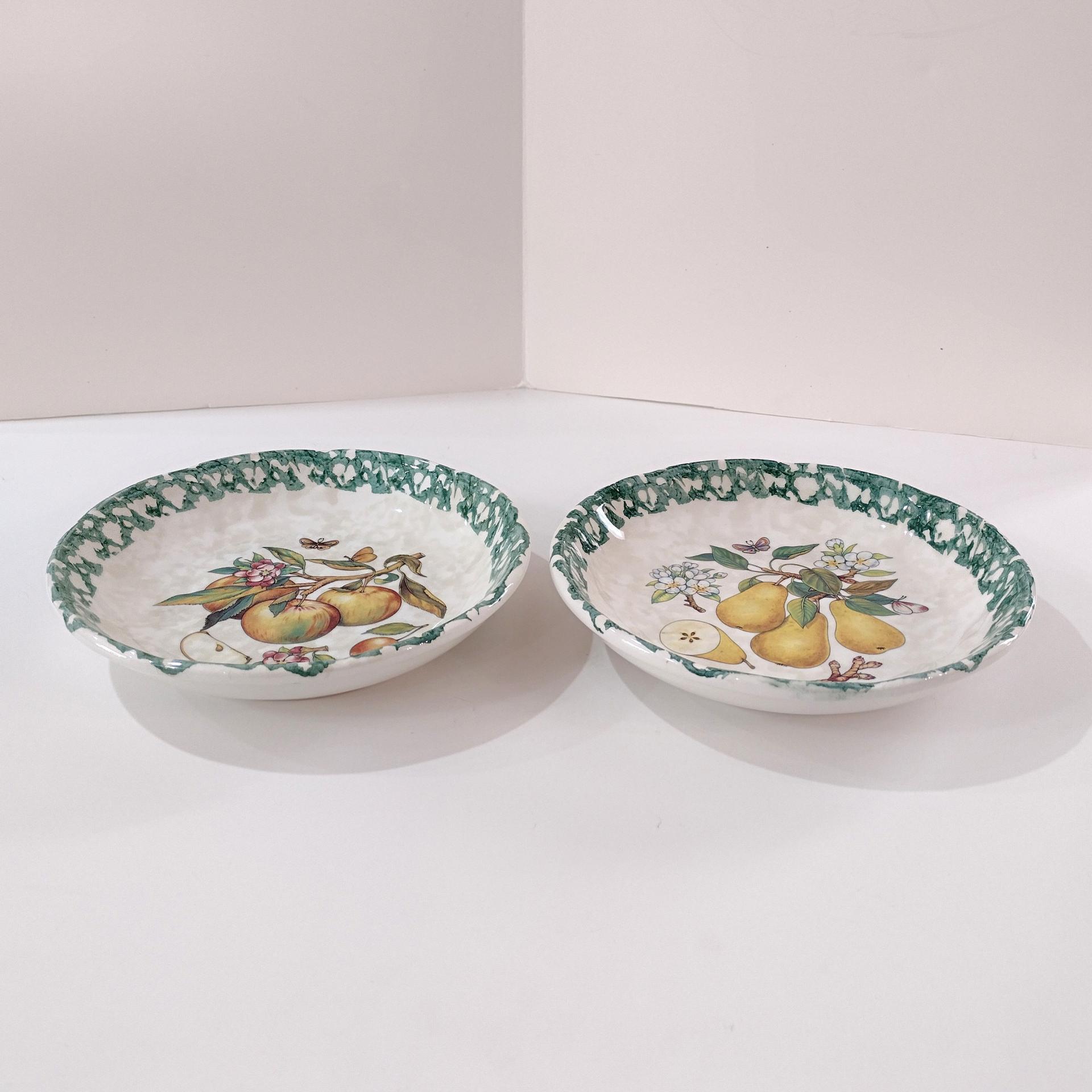 Vintage Italian Pasta Bowls with Apple and Pear Motif Design and Green Spongeware Accents, Coupe Soup Bowls, Set of Two