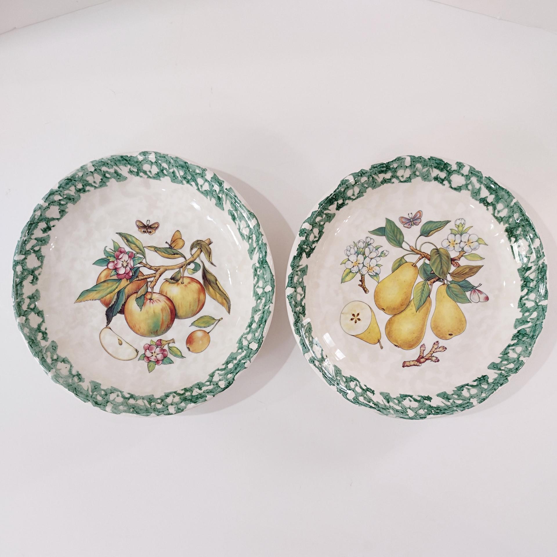 Vintage Italian Pasta Bowls with Apple and Pear Motif Design and Green Spongeware Accents, Coupe Soup Bowls, Set of Two