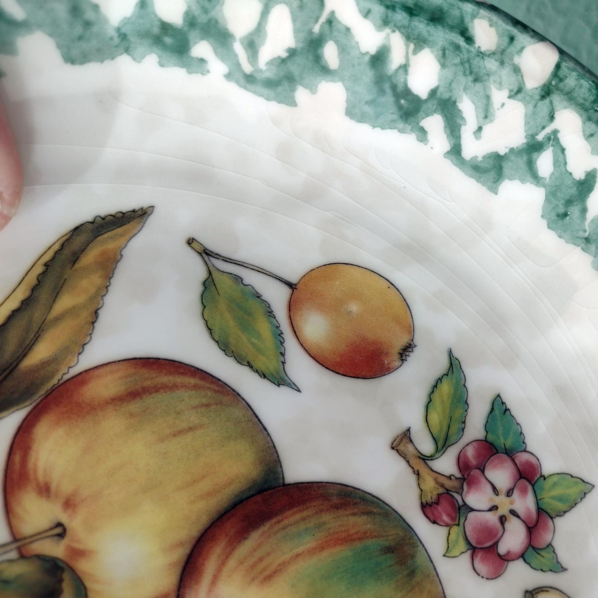 Vintage Italian Pasta Bowls with Apple and Pear Motif Design and Green Spongeware Accents, Coupe Soup Bowls, Set of Two