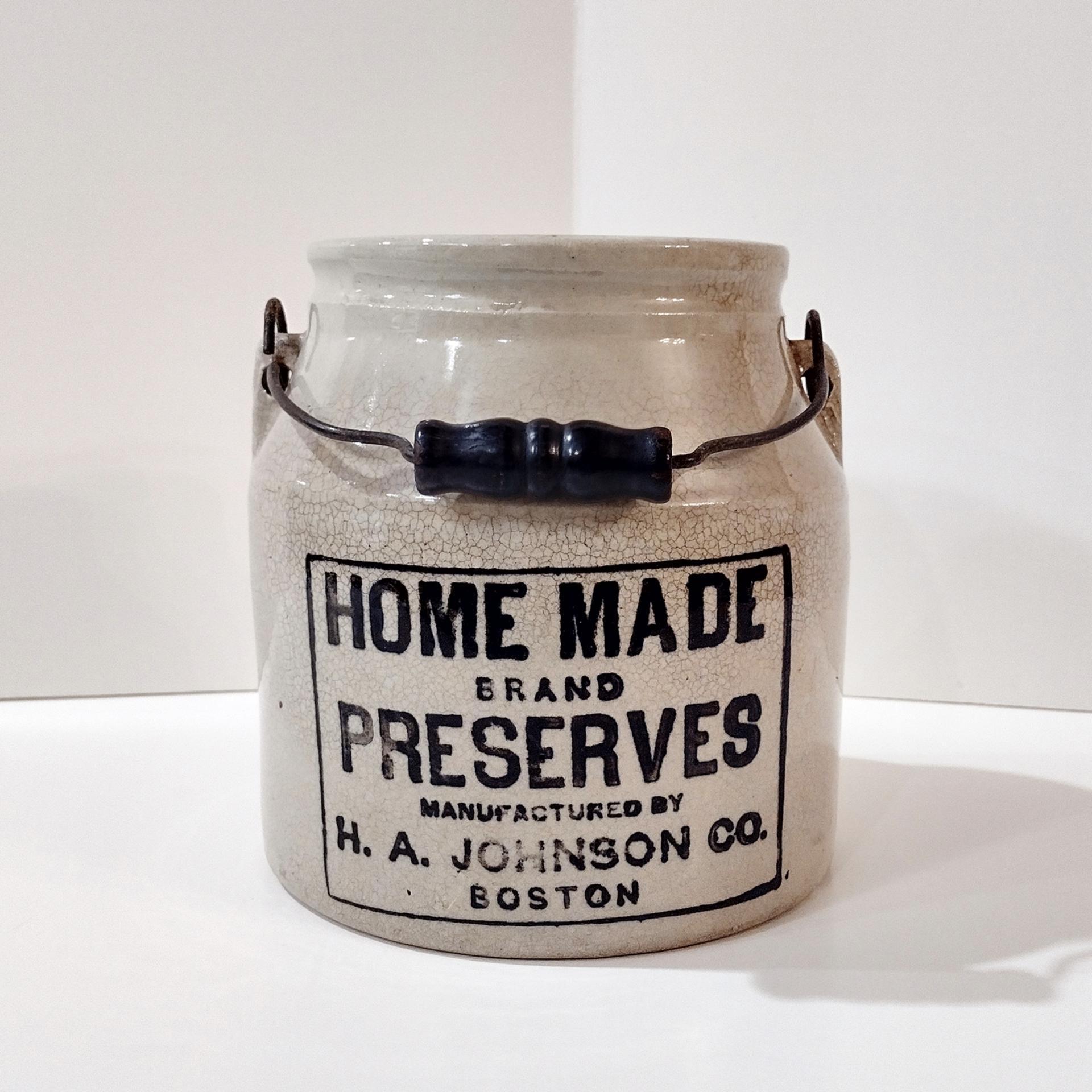 Antique H. A. Johnson Boston Home Made Preserves Stoneware Crock Jar with Lid and Handle, 1890's Ceramic Storage Container