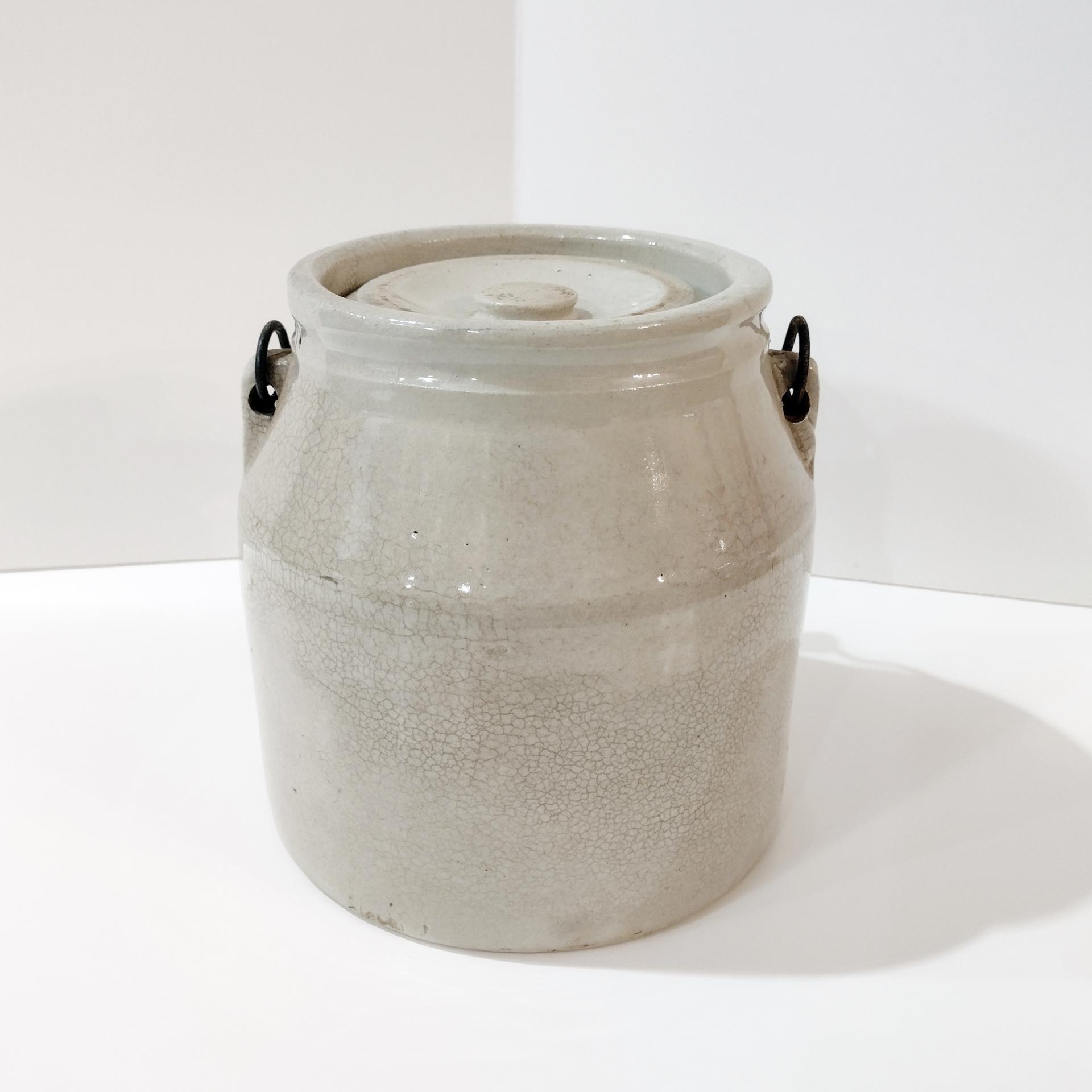 Antique H. A. Johnson Boston Home Made Preserves Stoneware Crock Jar with Lid and Handle, 1890's Ceramic Storage Container