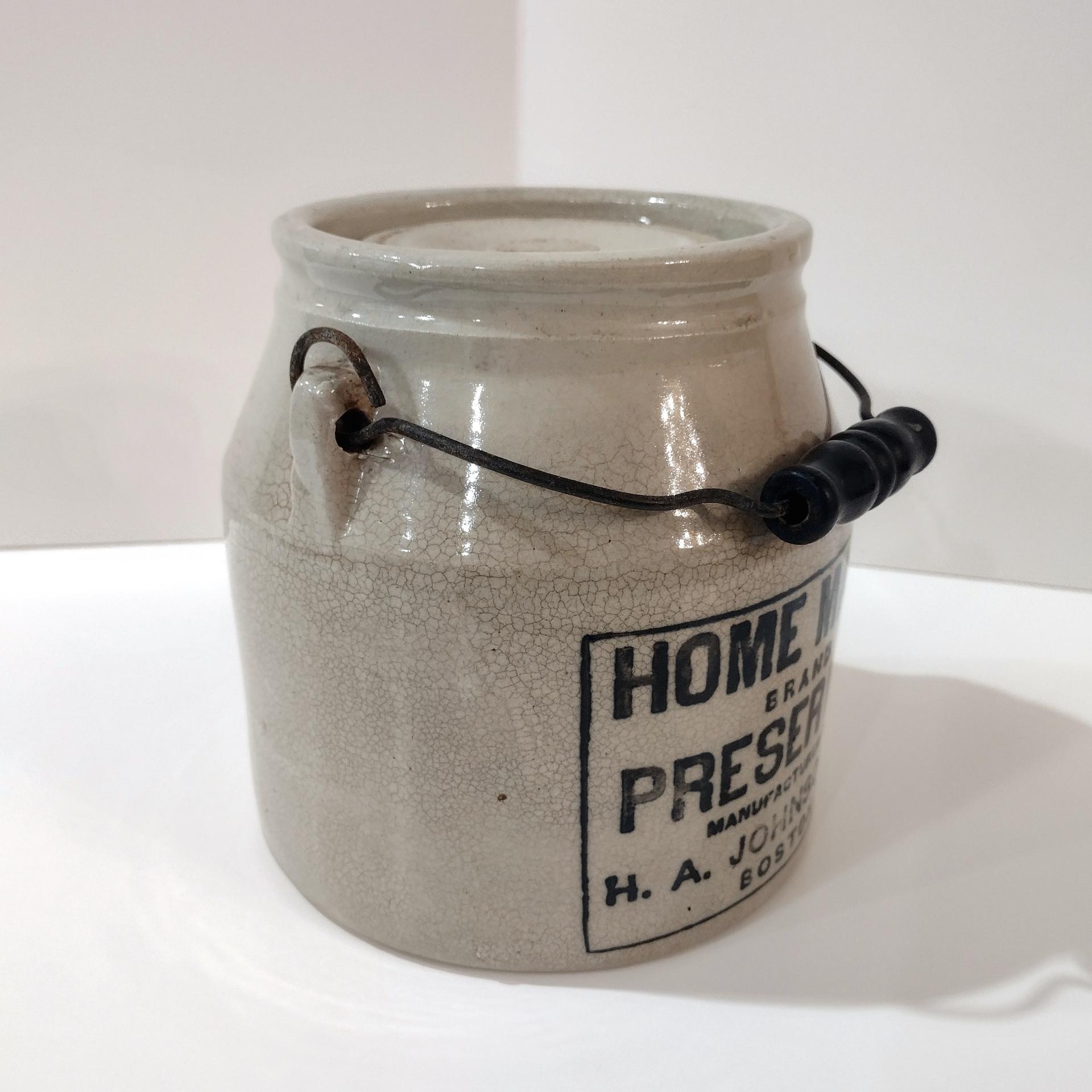 Antique H. A. Johnson Boston Home Made Preserves Stoneware Crock Jar with Lid and Handle, 1890's Ceramic Storage Container