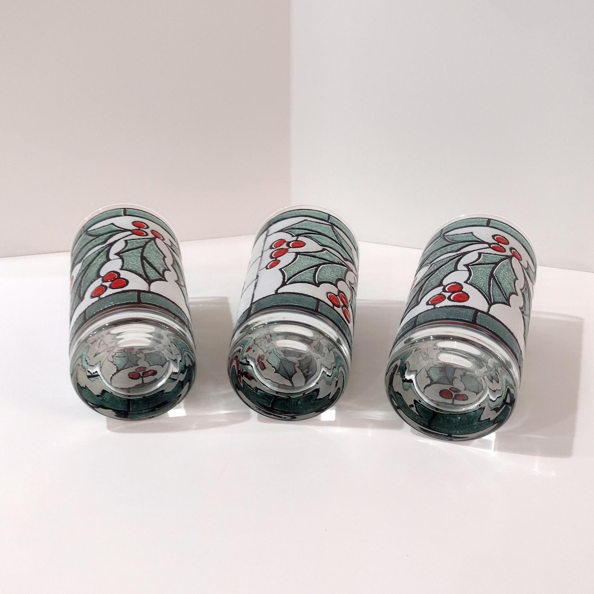 Vintage West Virginia Glass Specialty Snowy Holly and Berries 12 Ounce Highball Glasses, Set of Three