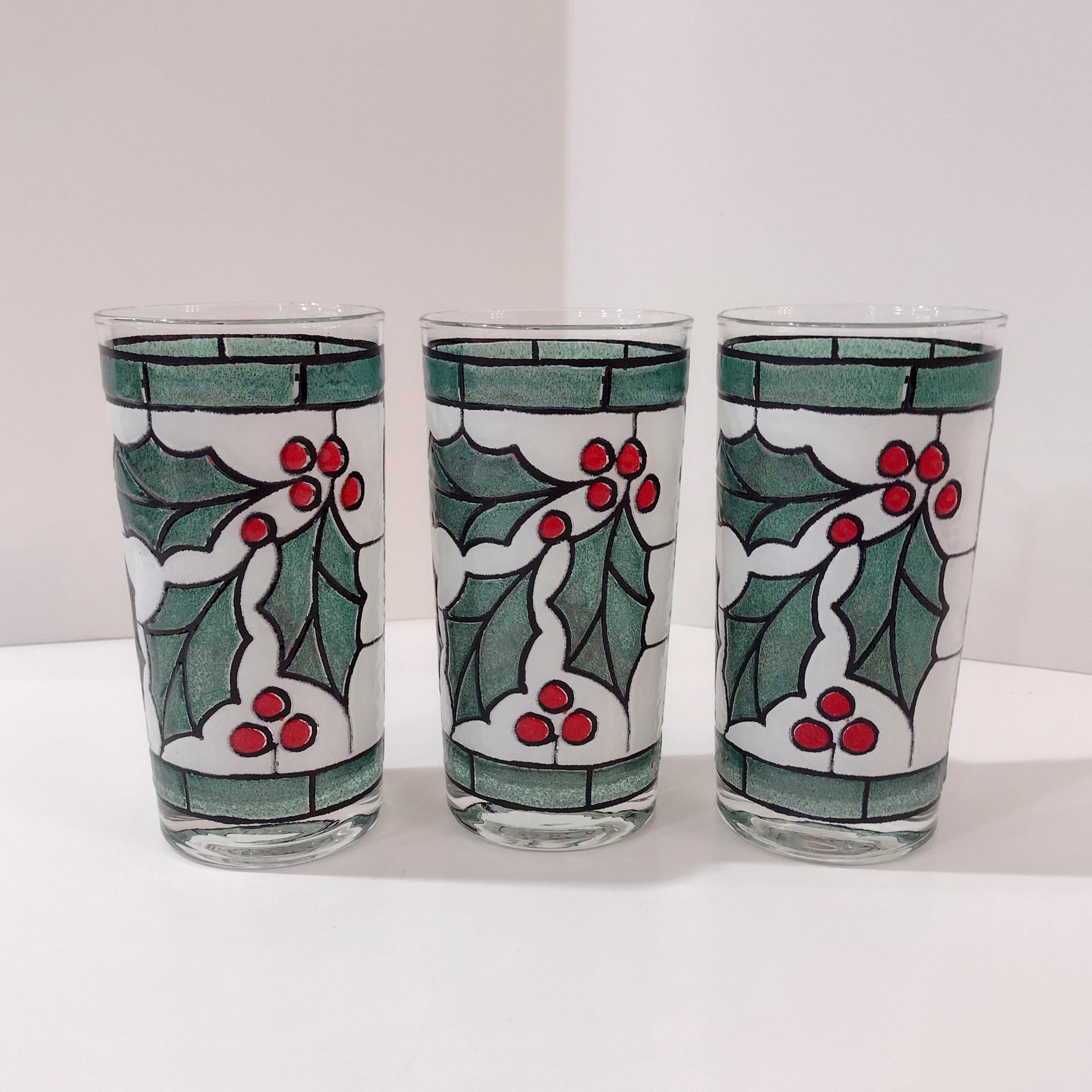 Vintage West Virginia Glass Specialty Snowy Holly and Berries 12 Ounce Highball Glasses, Set of Three
