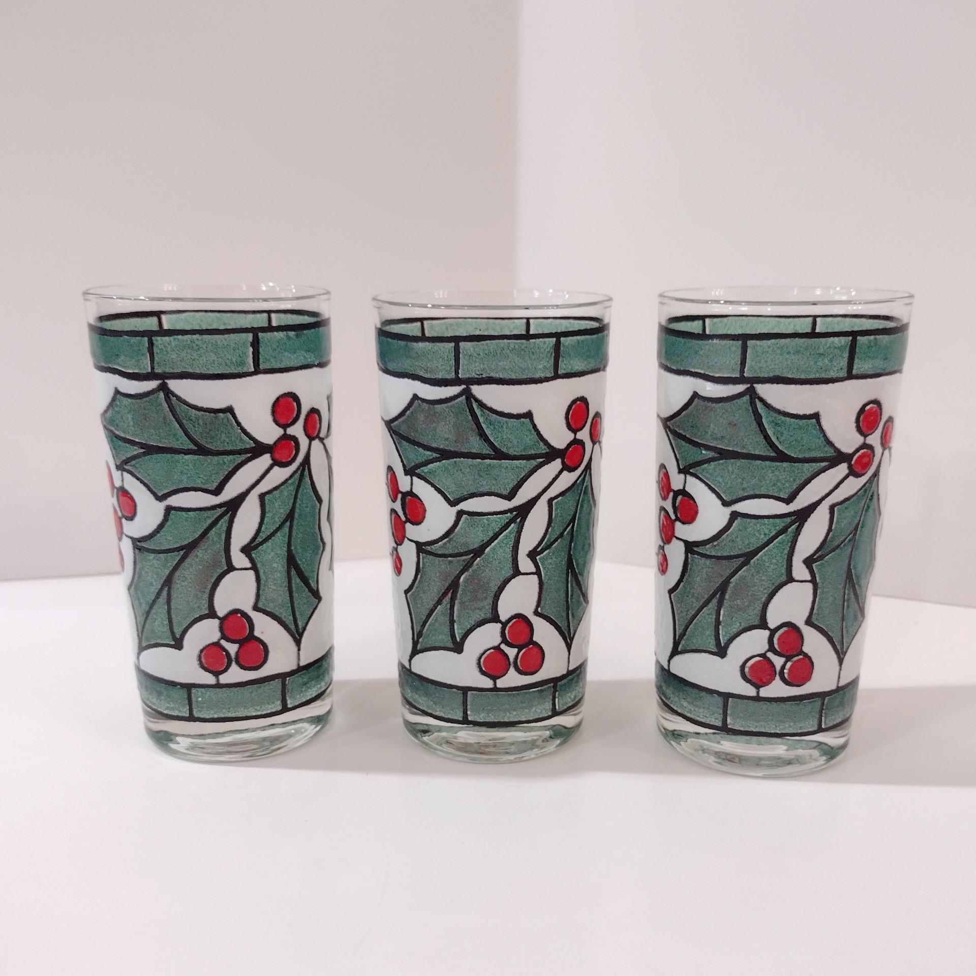 Vintage West Virginia Glass Specialty Snowy Holly and Berries 12 Ounce Highball Glasses, Set of Three