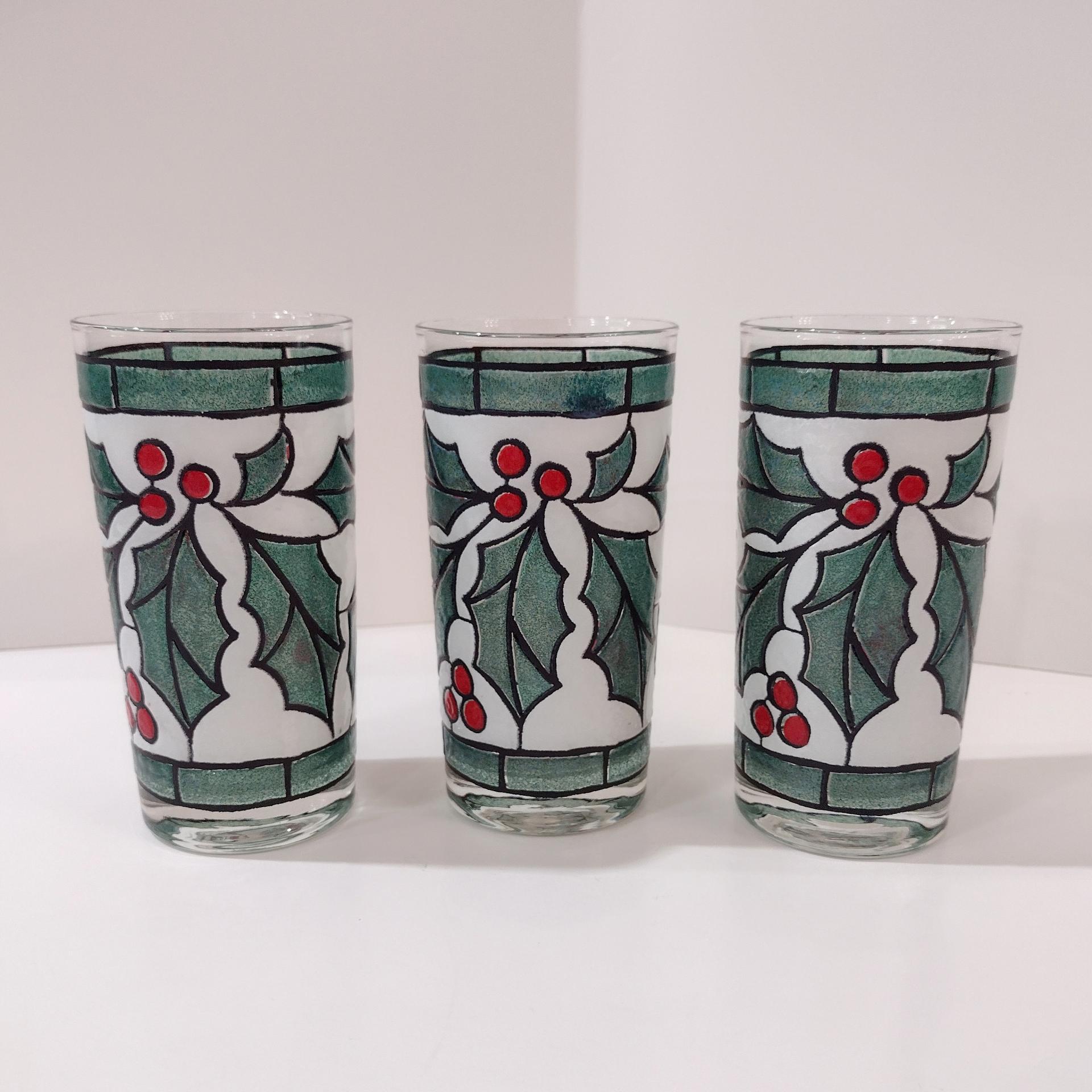 Vintage West Virginia Glass Specialty Snowy Holly and Berries 12 Ounce Highball Glasses, Set of Three