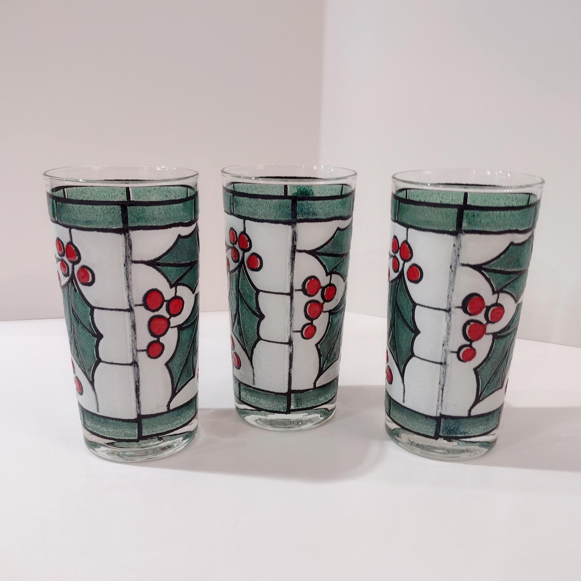 Vintage West Virginia Glass Specialty Snowy Holly and Berries 12 Ounce Highball Glasses, Set of Three