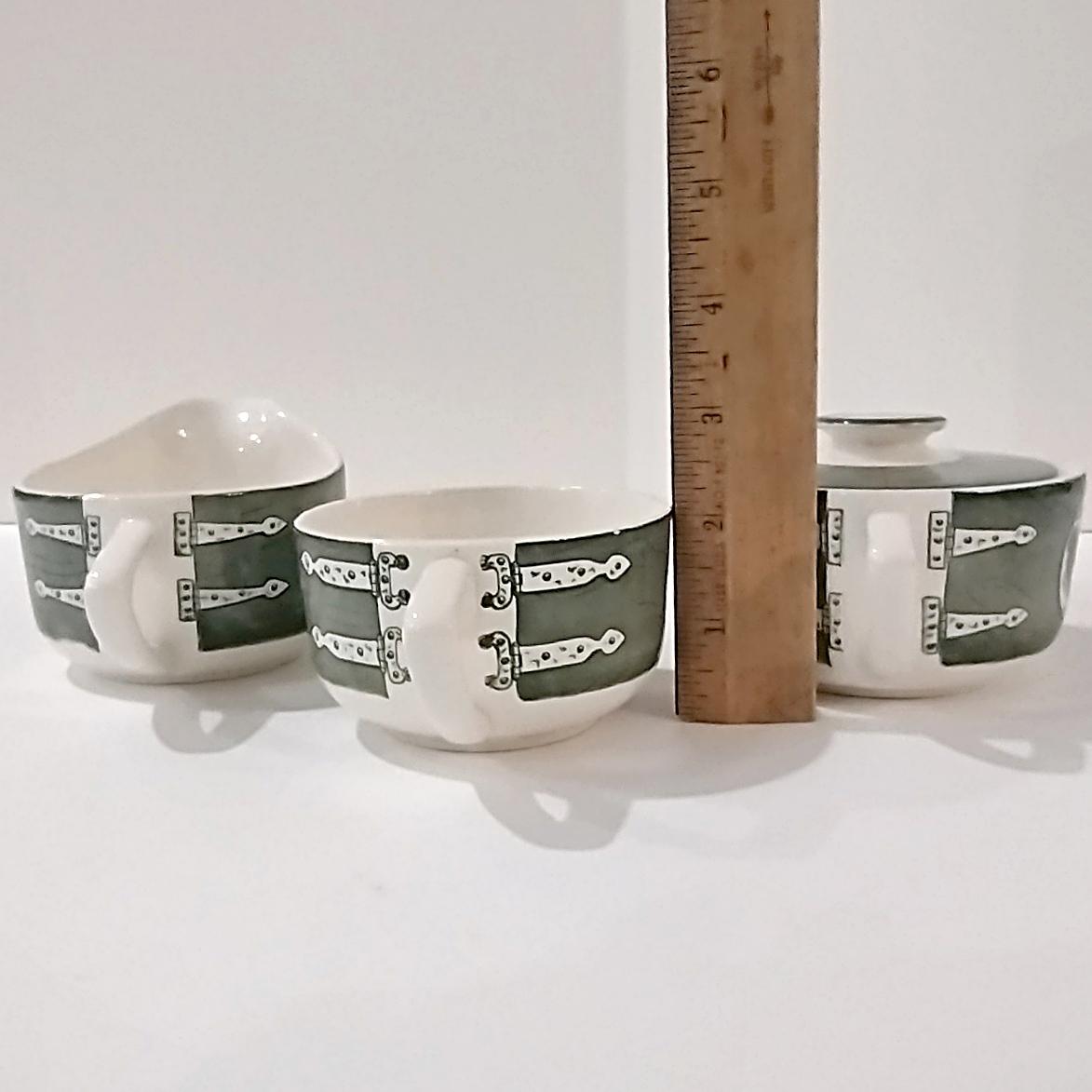 Vintage Royal Colonial Homestead Green Creamer, Covered Sugar Bowl, and Flat Cup, Set of 3, MCM Retro Americana Transferware