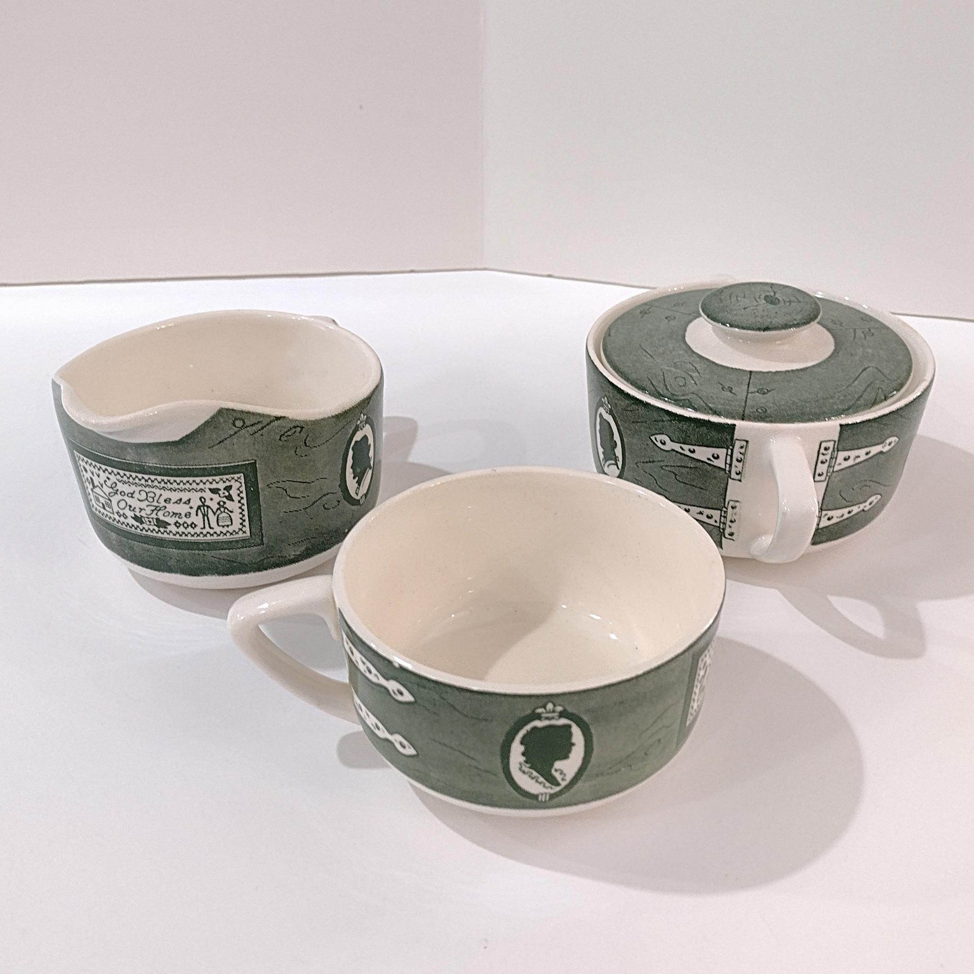 Vintage Royal Colonial Homestead Green Creamer, Covered Sugar Bowl, and Flat Cup, Set of 3, MCM Retro Americana Transferware