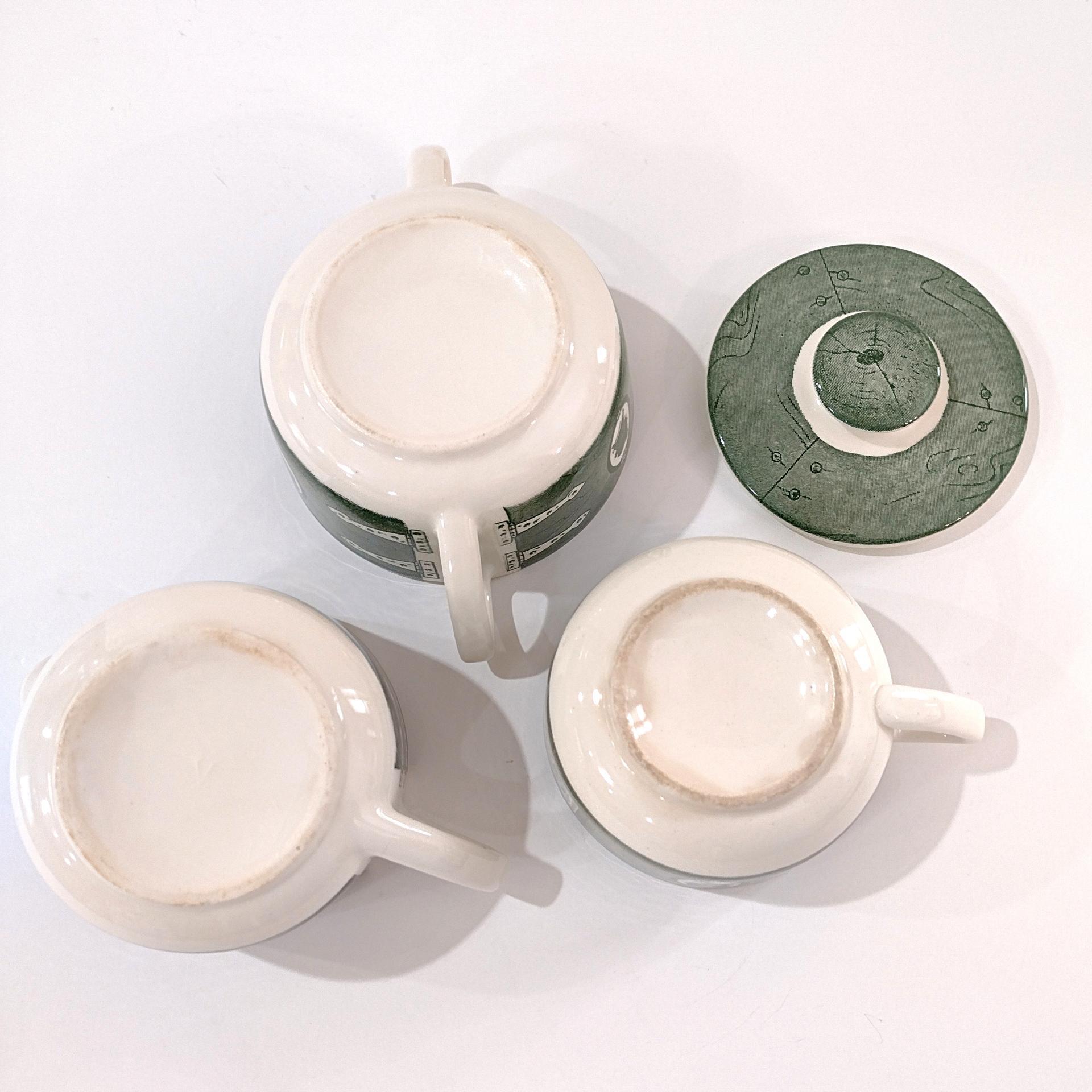 Vintage Royal Colonial Homestead Green Creamer, Covered Sugar Bowl, and Flat Cup, Set of 3, MCM Retro Americana Transferware