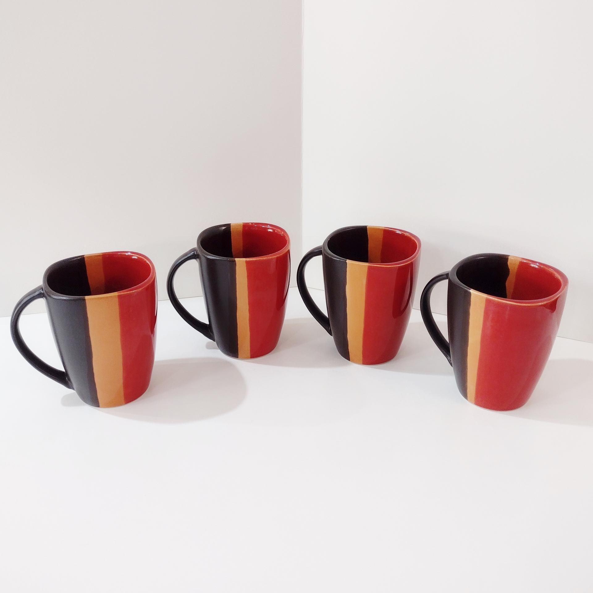 Striped Stoneware Coffee Tea Mugs, Set of Four,  Home Trends Bazaar Red Mugs