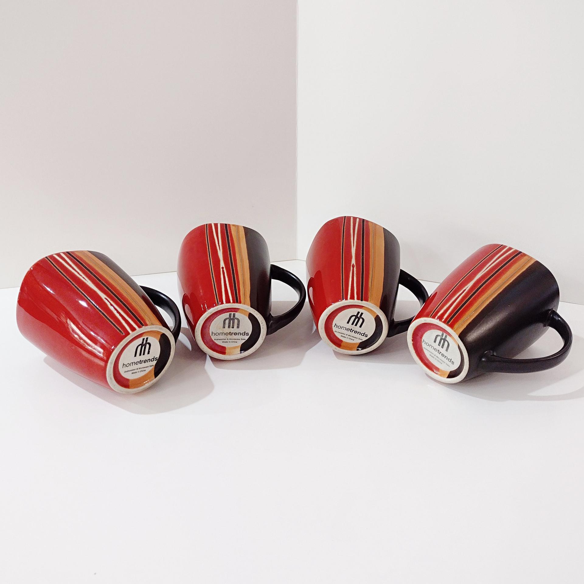 Striped Stoneware Coffee Tea Mugs, Set of Four,  Home Trends Bazaar Red Mugs